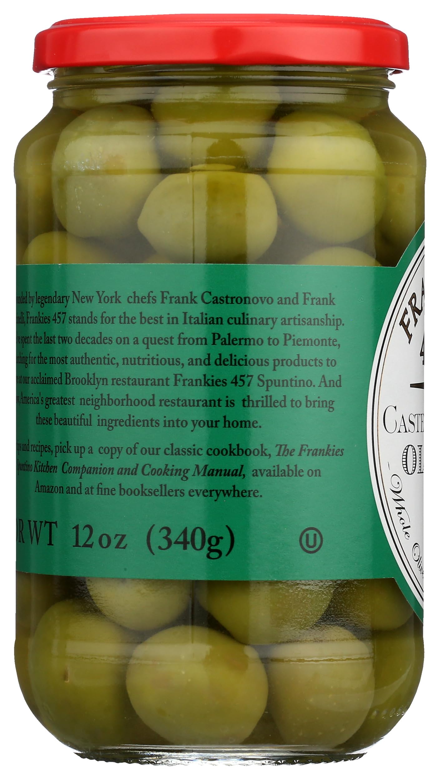 Frankies 457 Whole Castelvetrano Olives - Authentic Sicilian Olives from Italy | Premium Handpicked Imported Italian Green Olives in Brine | Perfect for Charcuterie Boards, Salads, Cocktails & Gourmet Cooking | 12oz Glass Jar