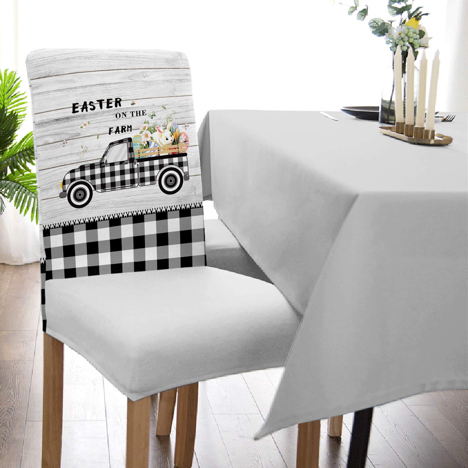 8PCS Washable Stretch Slipcovers - Easter Bunny with Eggs Design Buffalo Plaid Dining Chair Covers for Home, Hotel, Banquet & Wedding - Removable Seat Protector for Easter Decor & Party Scenes