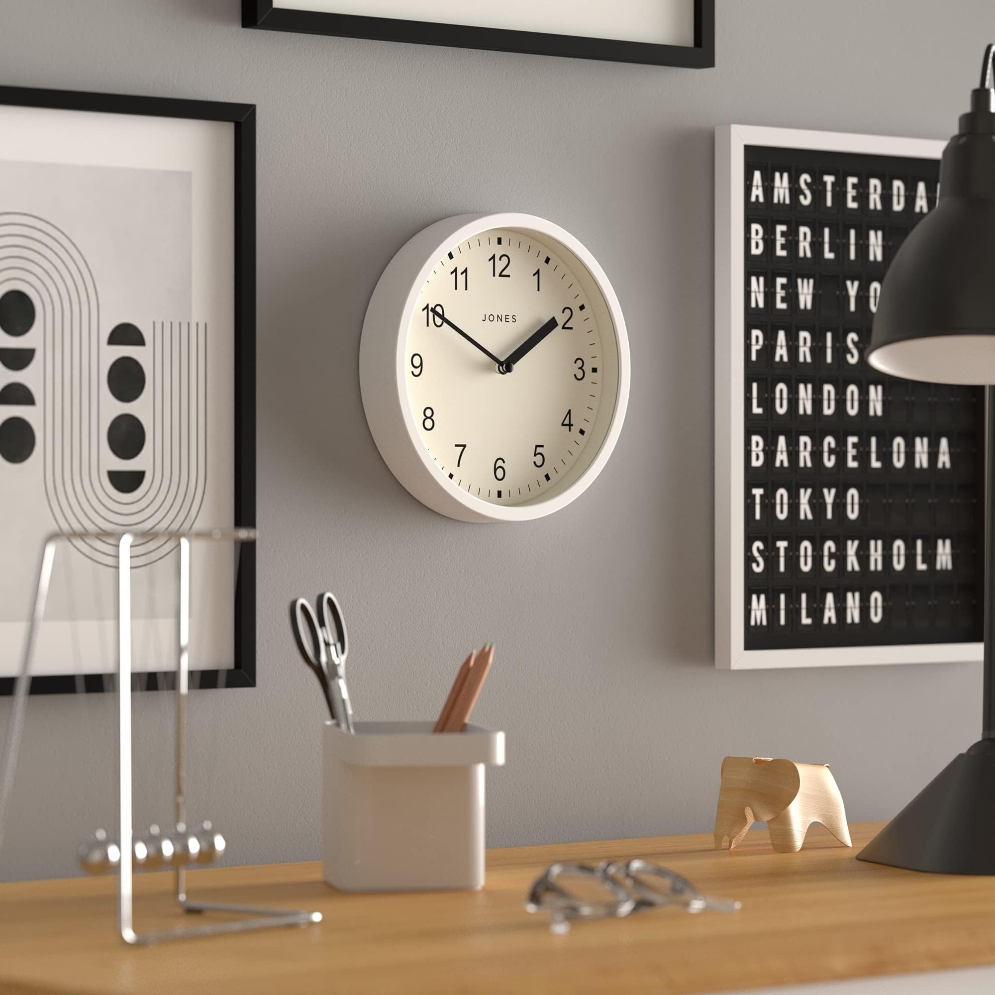 JONES CLOCKS® The Spin - 8 Inch Round Wall Clock for Kitchen, Living Room & Office | Modern White Decorative Home Accessories | Perfect for Home Decor, Gifts & Interior Design