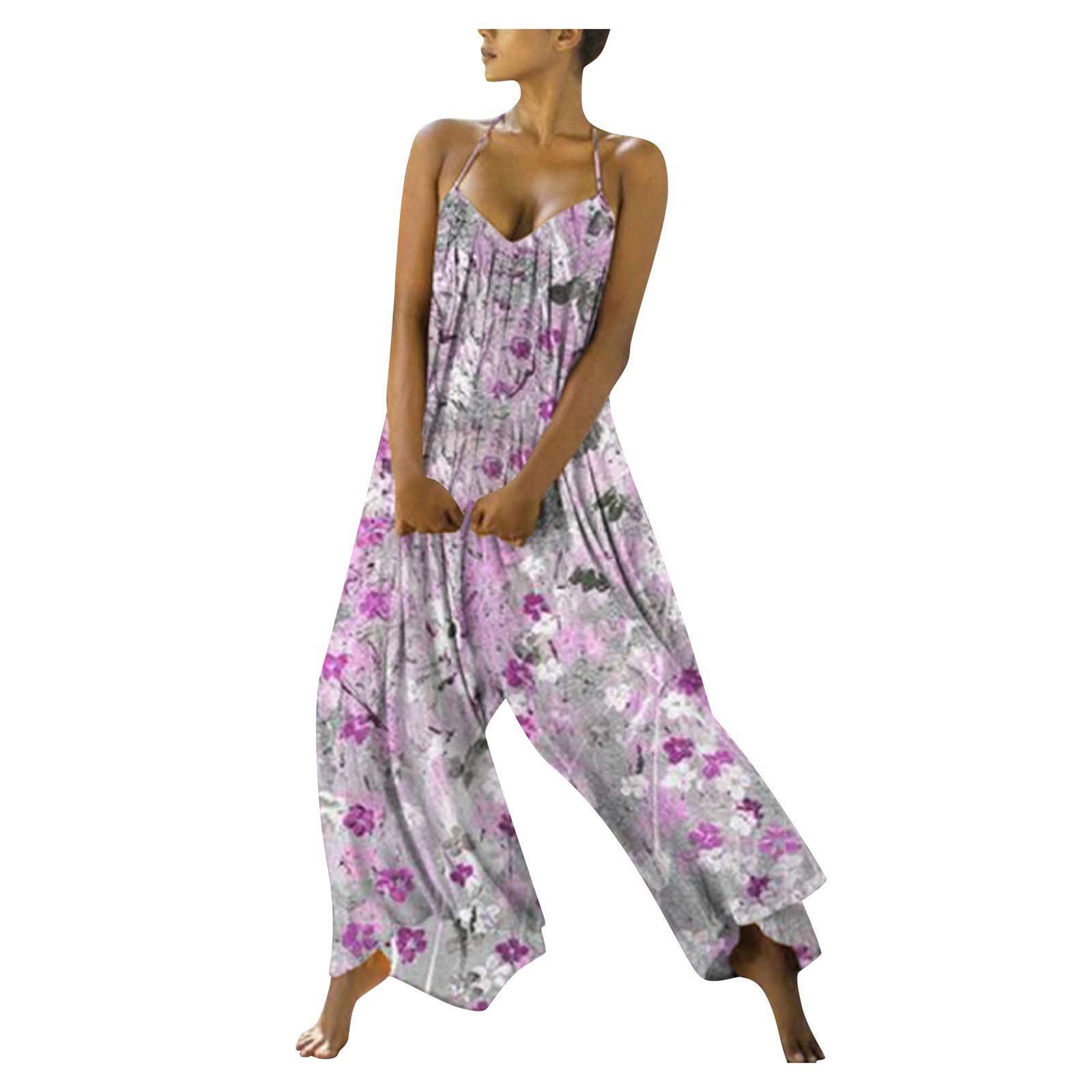 Boho Floral Print Wide Neck Backless Halter Jumpsuit for Women - Sleeveless Casual V-Neck Romper | Perfect for Beach Vacations, Summer Outings & Boho Fashion