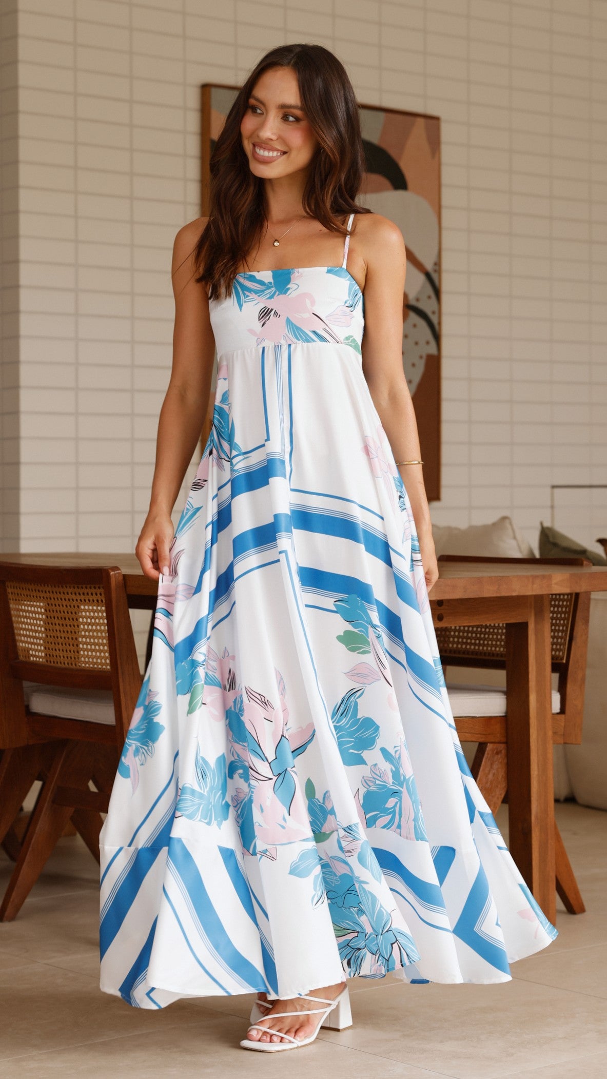Kaethe Maxi Dress for Women - Flowy Summer Beach Dress in White & Blue | Perfect for Vacations, Weddings & Casual Outings