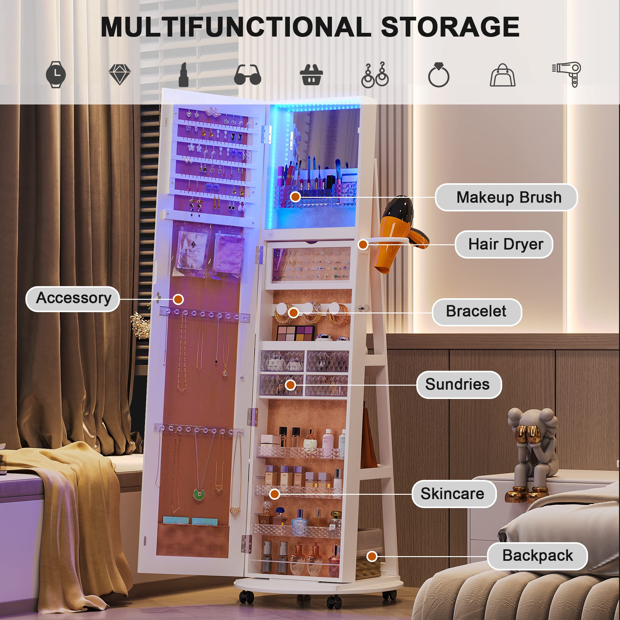 360° Swivel Jewelry Armoire with LED Mirror & Lockable Wheels - Full Length Standing Jewelry Cabinet with Foldable Makeup Shelf & Storage Organizer - Perfect for Bedroom, Closet & Dressing Room (White)