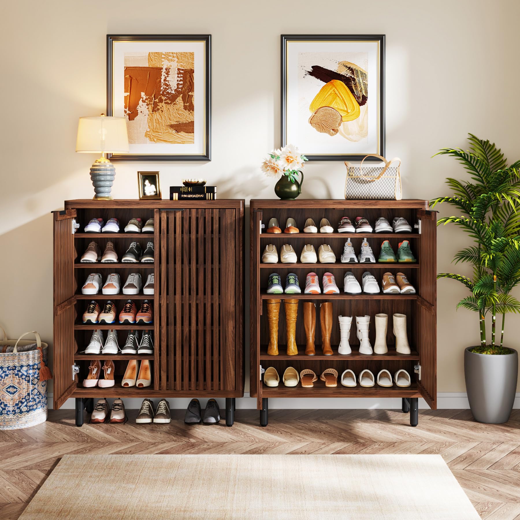 Tribesigns 6-Tier Wooden Shoe Storage Cabinet with Shutter Doors - Adjustable Shelves Freestanding Shoe Organizer for Entryway, Hallway, Closet - Modern Home Organization Solution (Walnut) | Perfect for Small Spaces & Shoe Lovers