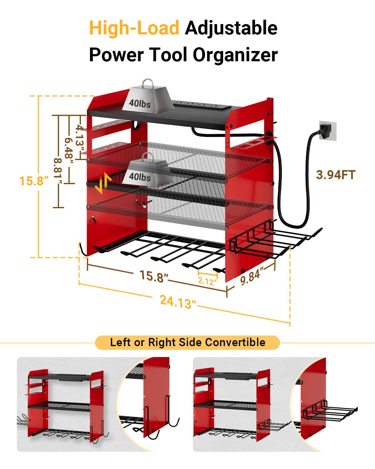 Dunatou Adjustable Power Tool Organizer Wall Mount with Charging Station - 6 Drill Holder & 4 Outlet - Wood Garage Tool Organizer with Hooks - Perfect for DIY, Workshop, and Home Garage Organization