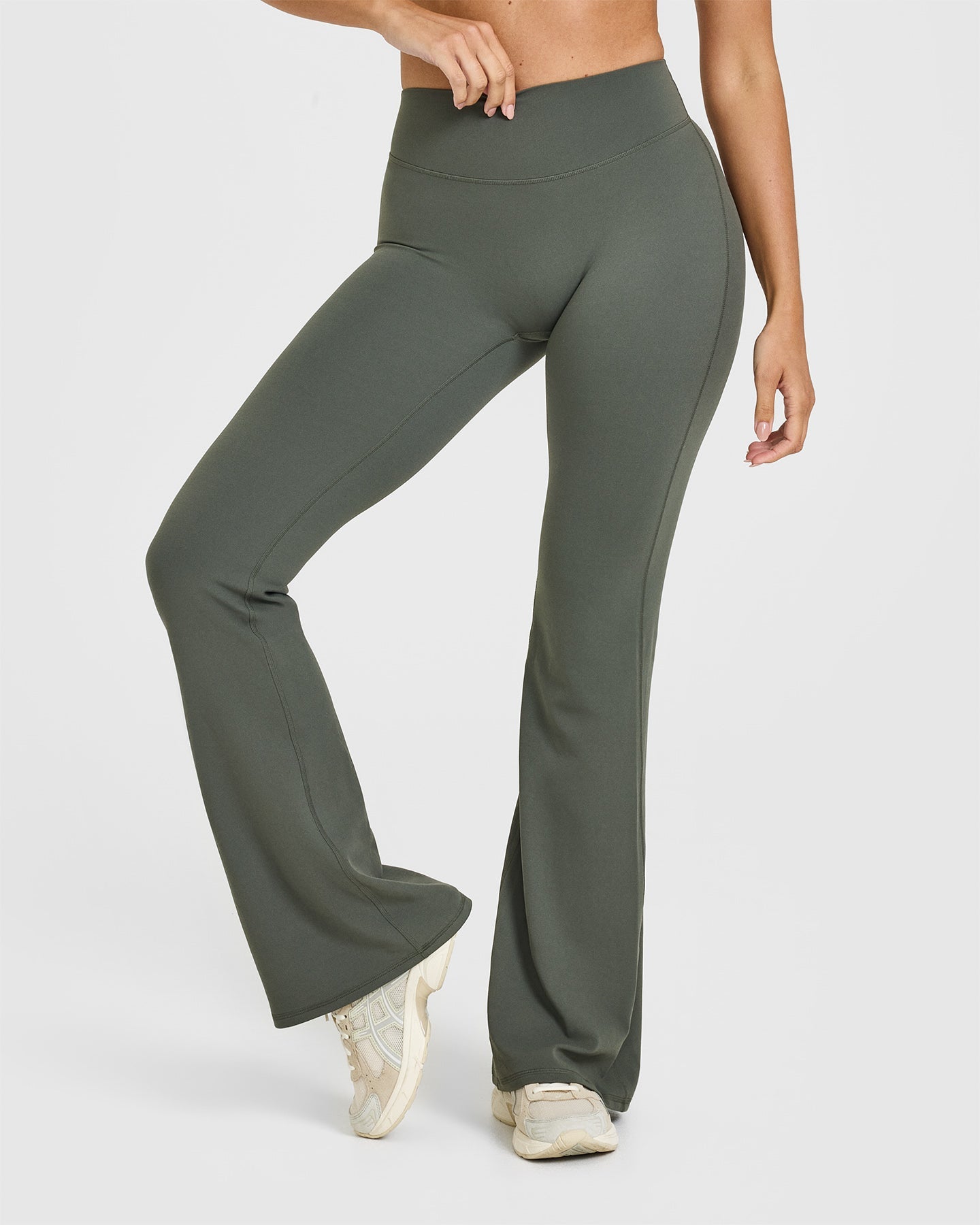 SoftMotion™ Flared Yoga Pants for Women - Dark Khaki | High Waisted Stretchy Workout Leggings | Perfect for Yoga, Gym & Lounge Wear