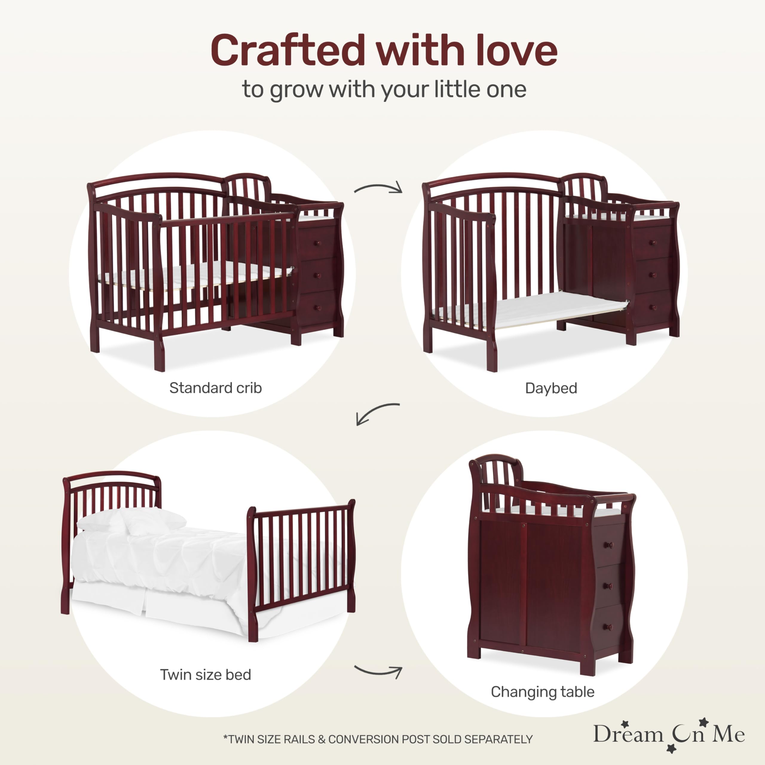Dream On Me Casco 3-in-1 Convertible Mini Crib with Changing Table - Cherry Finish Pinewood Baby Crib with 3 Adjustable Mattress Heights | Nursery, Bedroom & Small Space Solution
