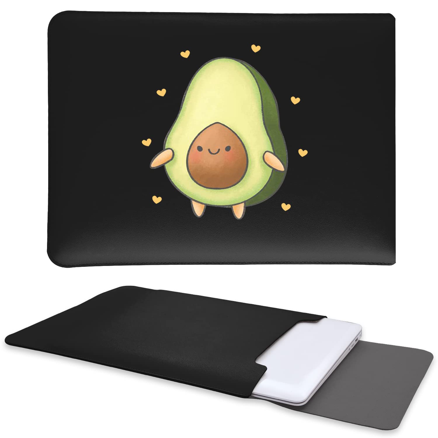 Premium Yellow Heart Avocado Pattern Laptop Sleeve Case for MacBook Air 13 & MacBook Pro 13 (13-13.5 inch) - Soft Leather Protective Cover with Multi-Function as Mouse Pad & Desk Mat - Perfect Gift for Women & Men (Black) - Ideal for Office, Travel & Home Use