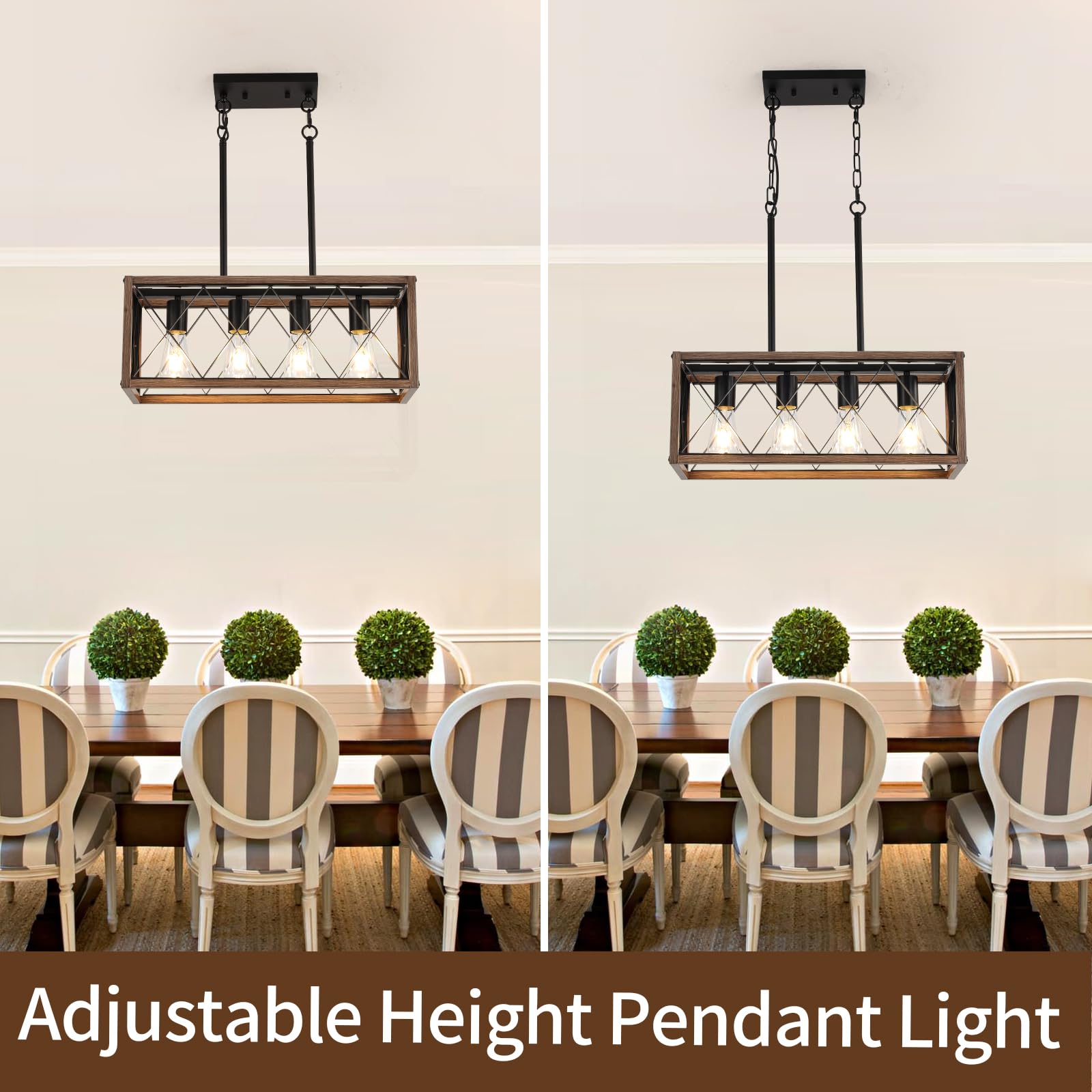 KEESFU 4-Light Adjustable Height Farmhouse Pendant Light - Rustic Wood Grain Linear Chandelier for Kitchen Island, Dining Room Table & Pool Table Lighting - Perfect for Farmhouse, Industrial & Modern Home Decor