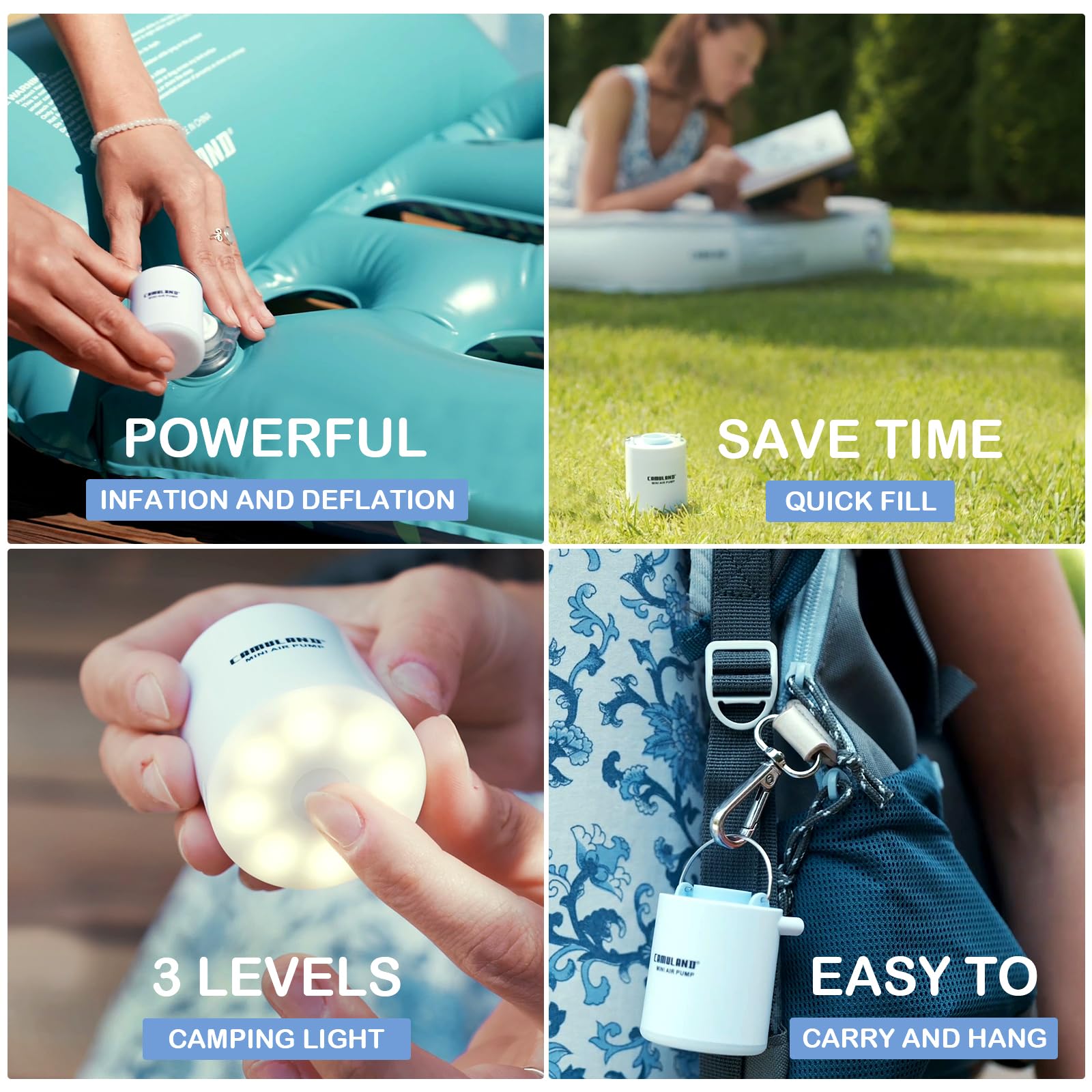 CAMULAND Mini Air Pump - Portable USB Rechargeable Inflator with 1300mAh Battery & 5 Nozzles - for Air Mattress, Pool Floats, Vacuum Storage Bags - Perfect for Camping, Travel, and Home Storage Organization