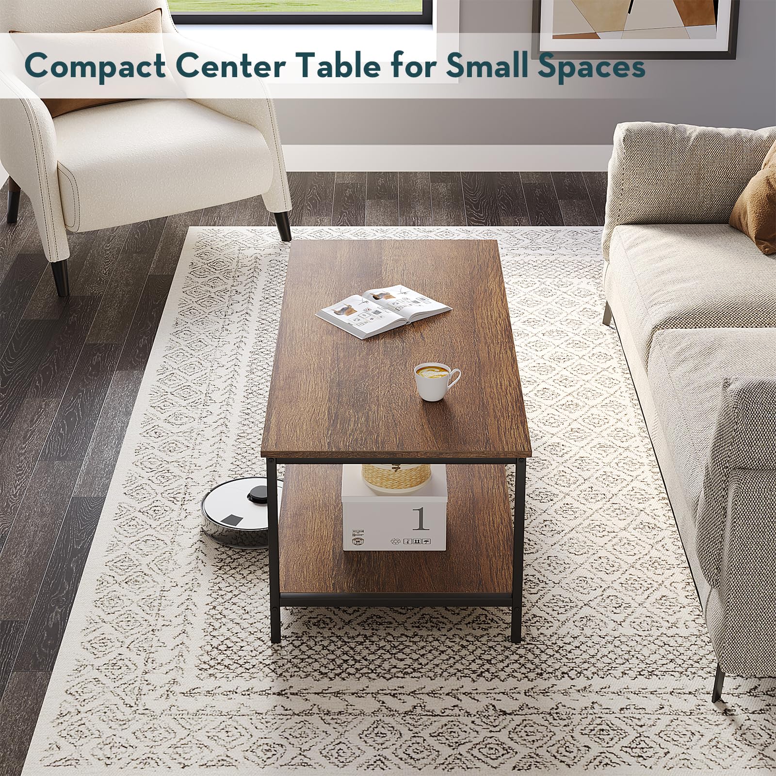 SAYGOER 2-Tier Industrial Coffee Table with Storage - Rectangle Wood Center Table for Living Room, Small Spaces, Apartment & Home Office - Walnut Finish | Perfect for Entertaining Guests, Holding Remotes & Magazines, and Adding Rustic Charm to Your Space