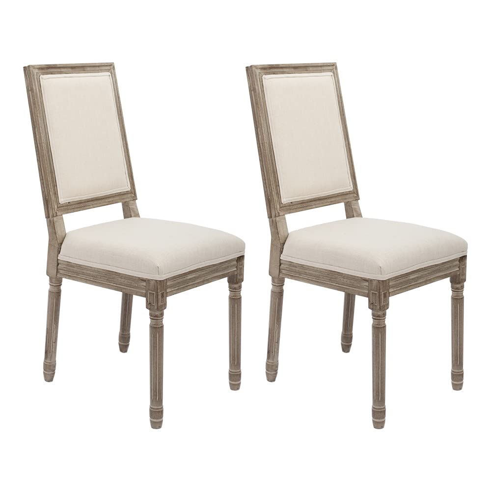 Farmhouse Dining Chairs Set of 2 - Distressed Square Back Accent Chairs for Kitchen, Bedroom & Living Room - Beige Fabric Upholstered Side Chairs for Home Decor