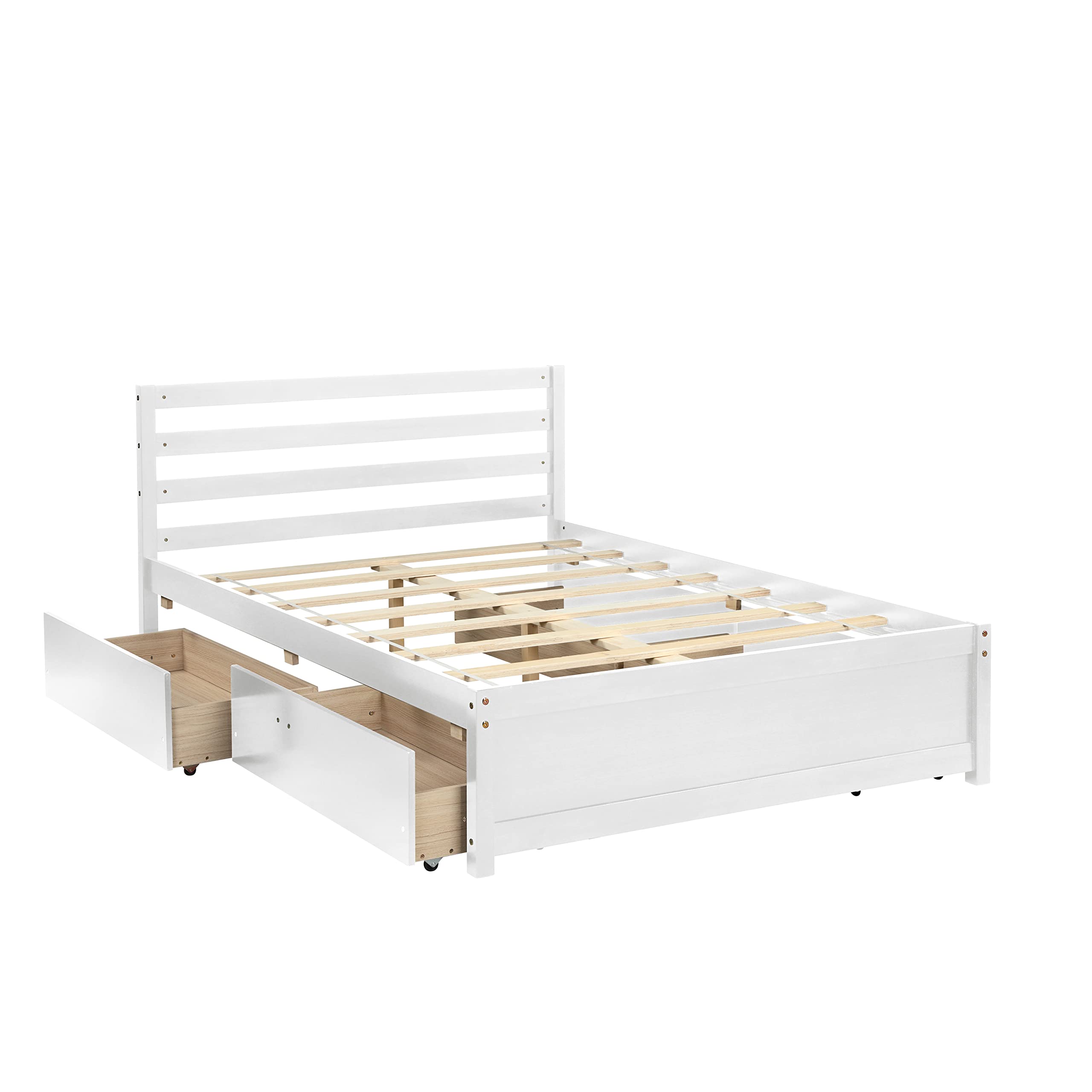 LZ LEISURE ZONE Full Size Bed Frame with 4 Storage Drawers - Sturdy Wood Platform Bed with Slat Support - White - Perfect for Small Bedrooms, Guest Rooms & Dorm Rooms