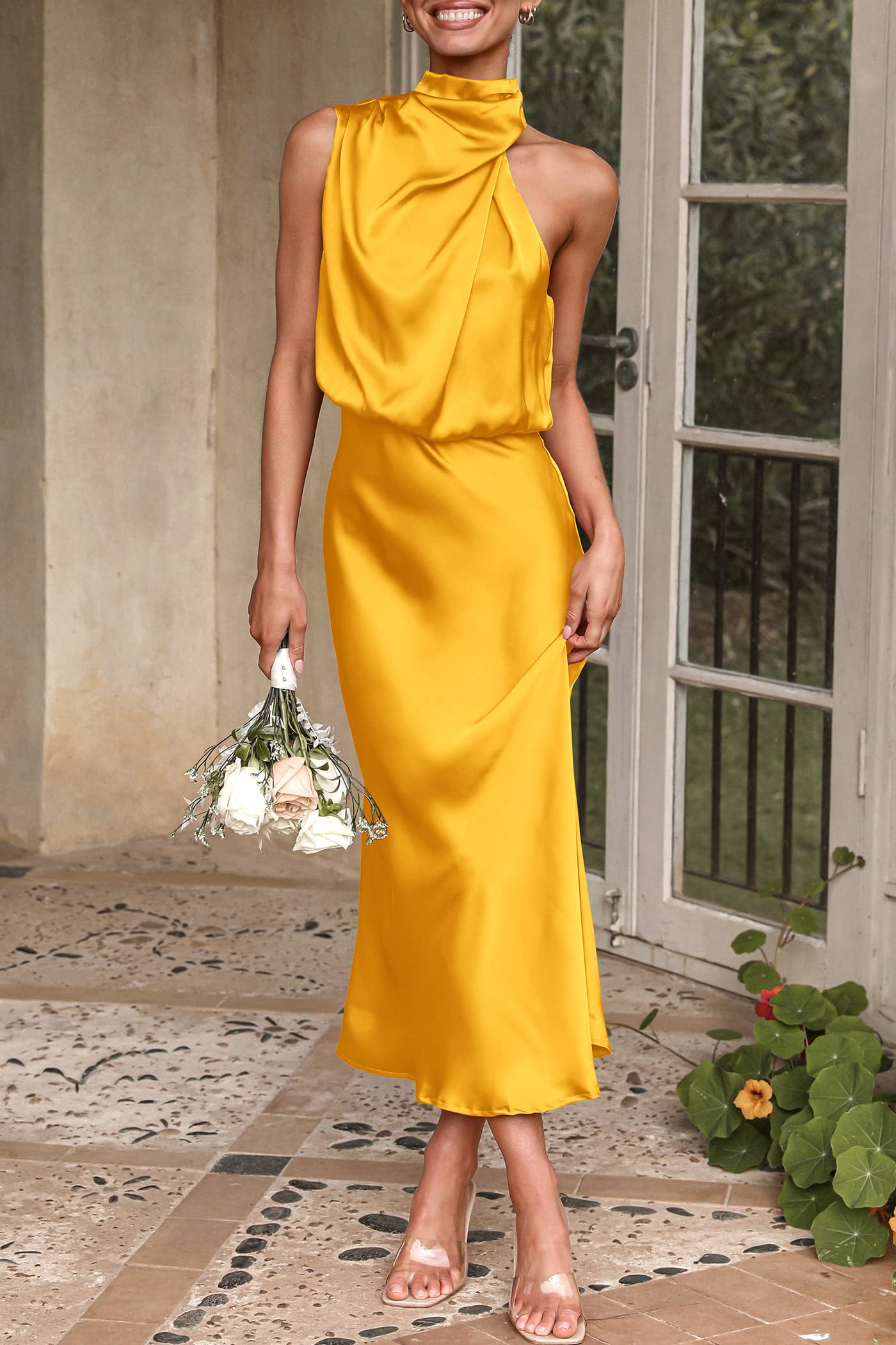 PRETTYGARDEN Women's Elegant Satin Maxi Dress - Sleeveless Mock Neck Summer Cocktail Party Dress 2025 | Perfect for Weddings, Evening Events & Special Occasions