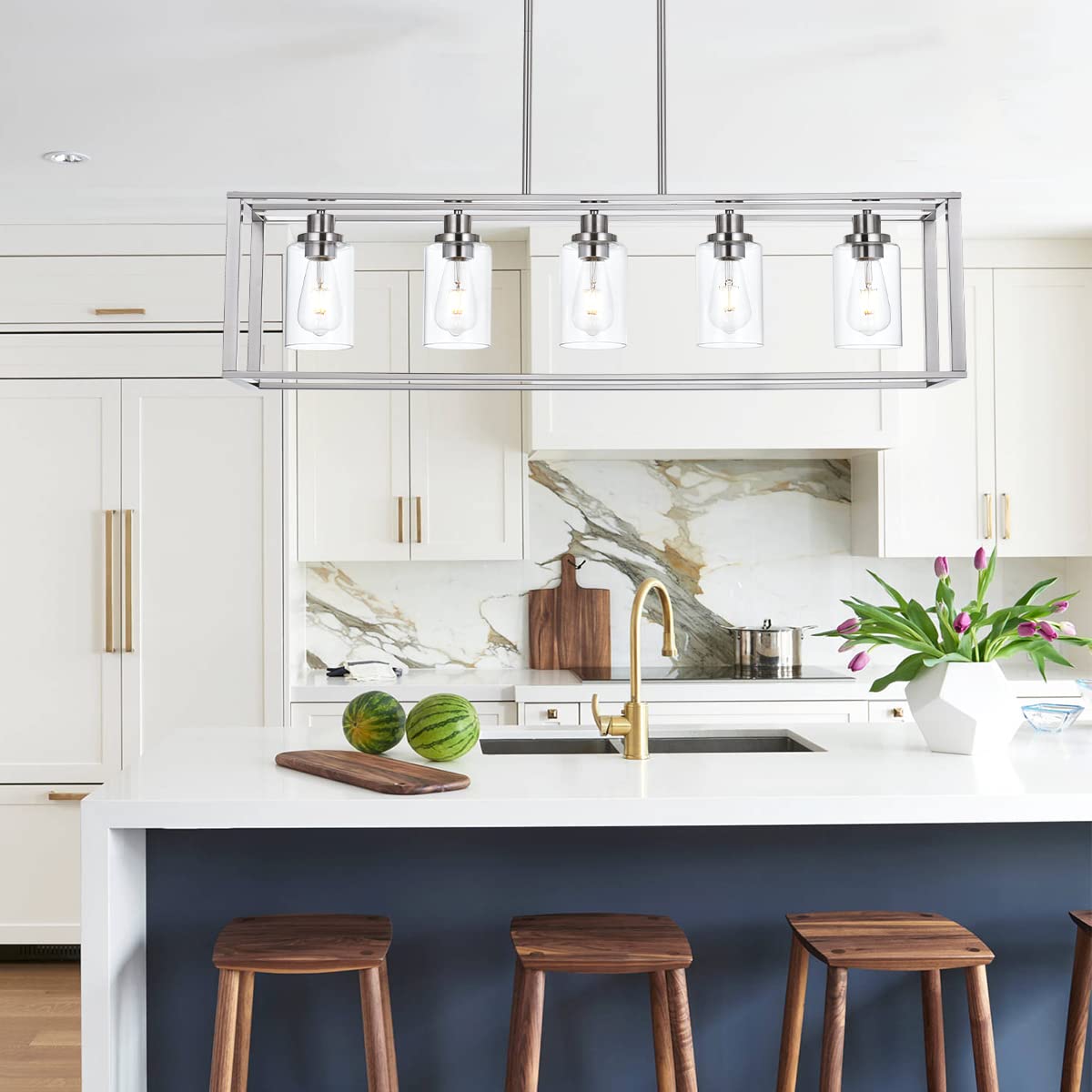 VINLUZ 5-Light Modern Industrial Chandelier - Brushed Nickel Finish with Clear Glass Shade - Classic Pendant Island Lighting Fixture for Dining Room, Living Room & Bedroom - Perfect for Farmhouse, Loft and Contemporary Home Decor