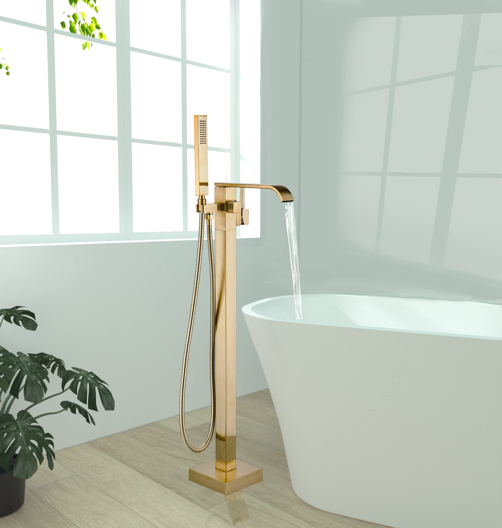 Freestanding Bathtub Faucet - Brushed Gold Floor Mount Waterfall Tub Filler with Hand Shower | High Flow Solid Brass 360° Swivel Standing Mixer Tap for Modern Bathroom | Perfect for Spa-Like Relaxation and Luxury Bathing Experience