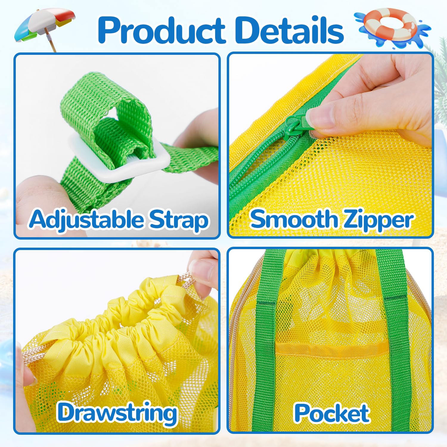 3 Pack Mesh Beach Bags Set - Waterproof Sand Toy Storage & Seashell Collecting Tote with Adjustable Strap, Zipper & Drawstring Closure - Perfect for Pool, Beach Trips & Outdoor Adventures