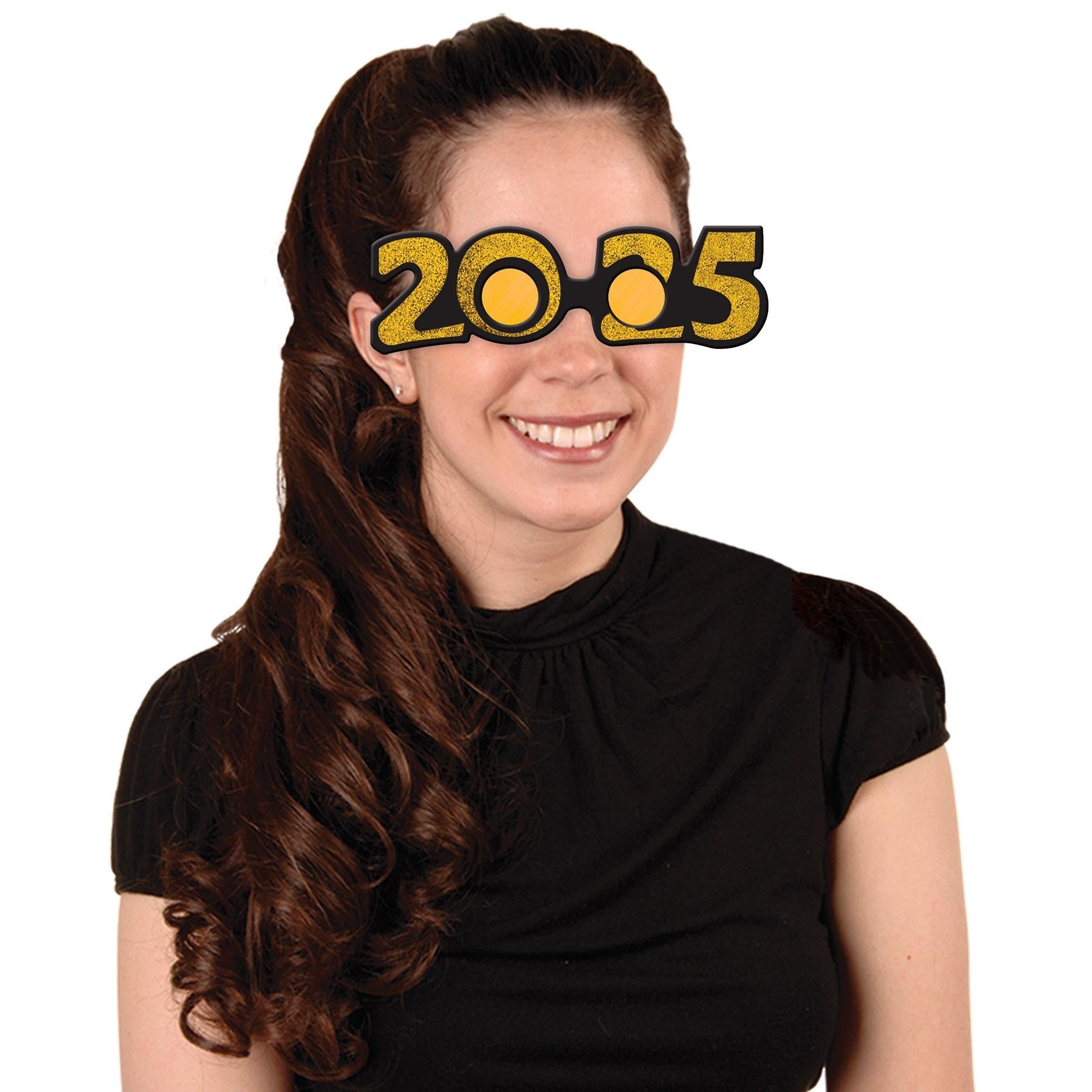 12 Pack Beistle 2025 Glittered Plastic Party Eyeglasses in Gold - Perfect for New Year's Eve, Birthday Celebrations and Festive Events