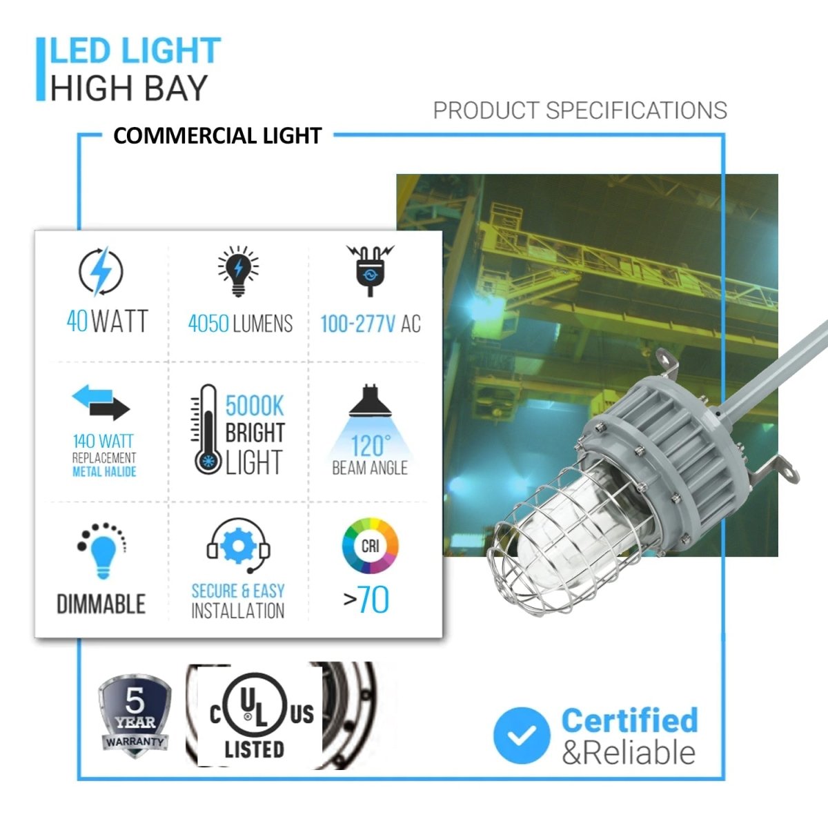 40W LED Explosion Proof Jelly Jar Light - G Series Non-Dimmable 5000K Daylight (5400LM) - 100-277V AC IP66 Rated - Hazardous Location Lighting for Oil Rigs, Chemical Plants & Industrial Facilities