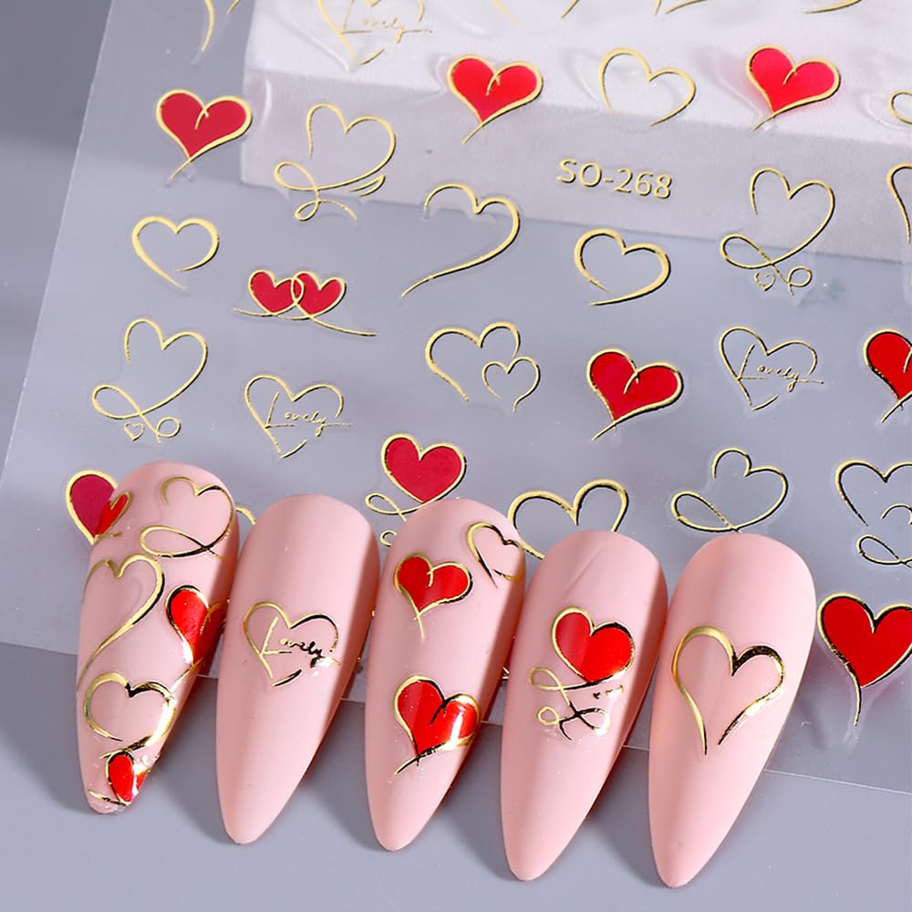 YEFIUO 7 Sheets 3D Nail Art Stickers - Heart & Metal Lines Design Nail Decals for DIY Nail Decoration | Perfect for Valentine's Day, Bridal Nails, and Party Nail Art