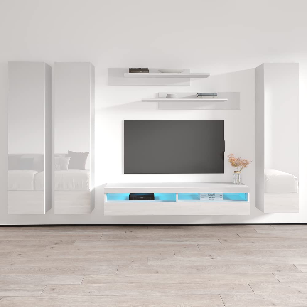 Modern White Wall-Mounted TV Stand with Storage Shelves & LED Lights - 35