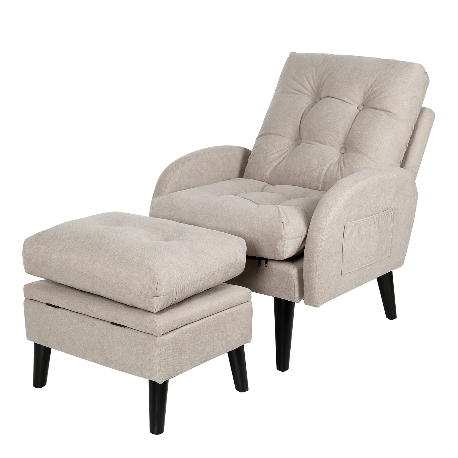 ELUCHANG Accent Chairs with Ottoman - Adjustable Backrest & Storage Footrest, Upholstered Comfy Armchair for Living Room, Bedroom - Light Grey Linen Fabric | Perfect for Reading, Relaxing & Leisure Time