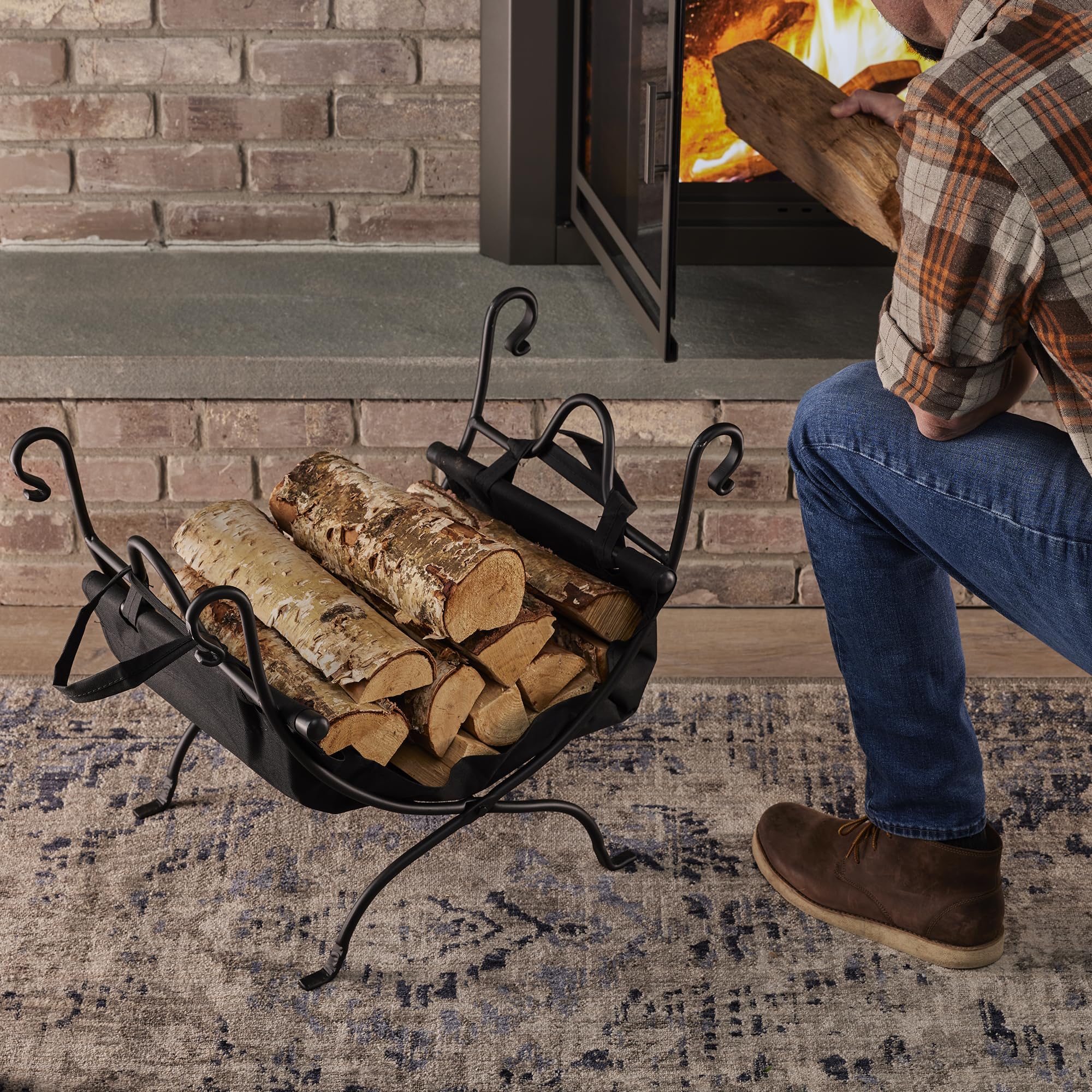 Uniflame Deluxe Wrought Iron Fire Pit Log Rack - Heavy Duty Black Firewood Holder for Indoor & Outdoor Use - Perfect for Fireplace, Patio, Camping and Backyard Gatherings
