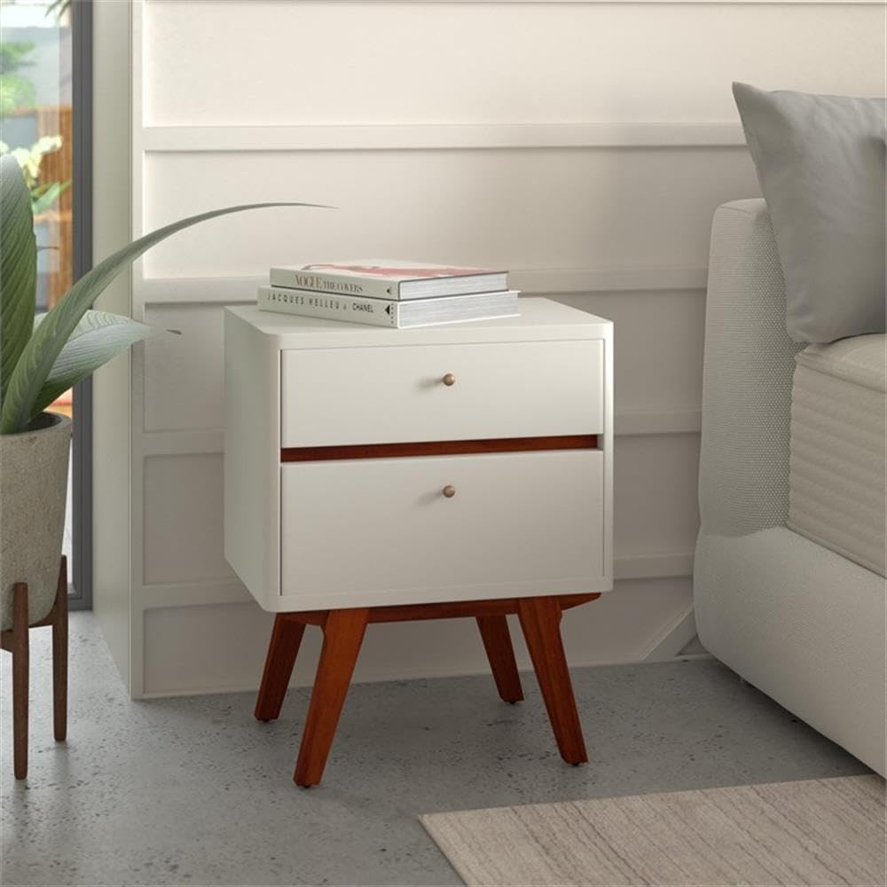 BOWERY HILL White Wood Nightstand with 2 Drawers - Perfect for Bedroom, Living Room & Guest Room Storage