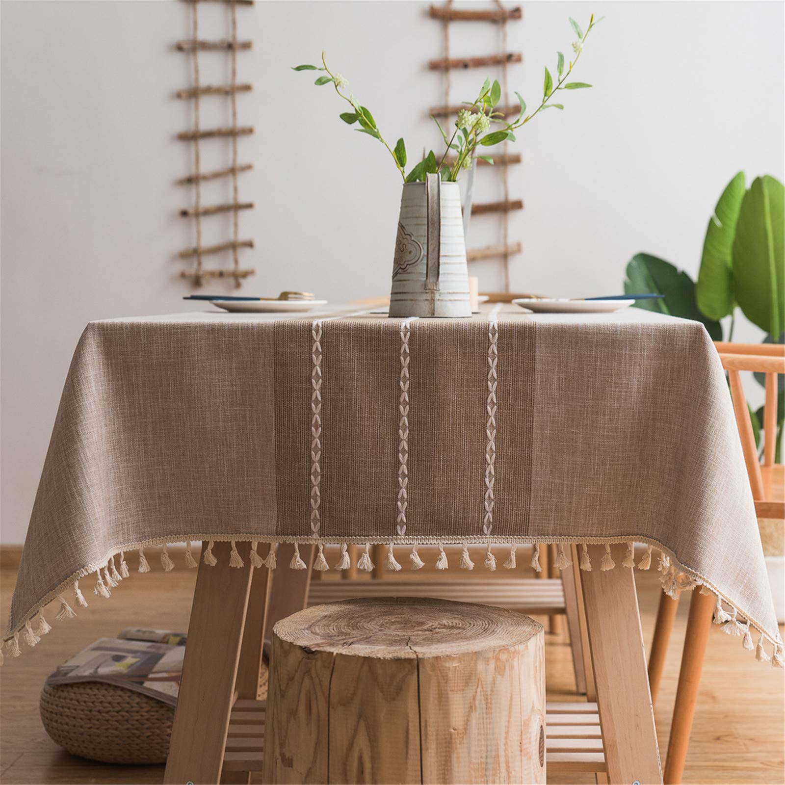 Premium Cotton Linen Embroidered Tablecloth with Tassel Trim - Light Coffee Rectangle Table Cover 55x86 Inch for Dining Room, Kitchen, Party & Home Decor - Perfect for Holiday Gatherings, Weddings and Everyday Use