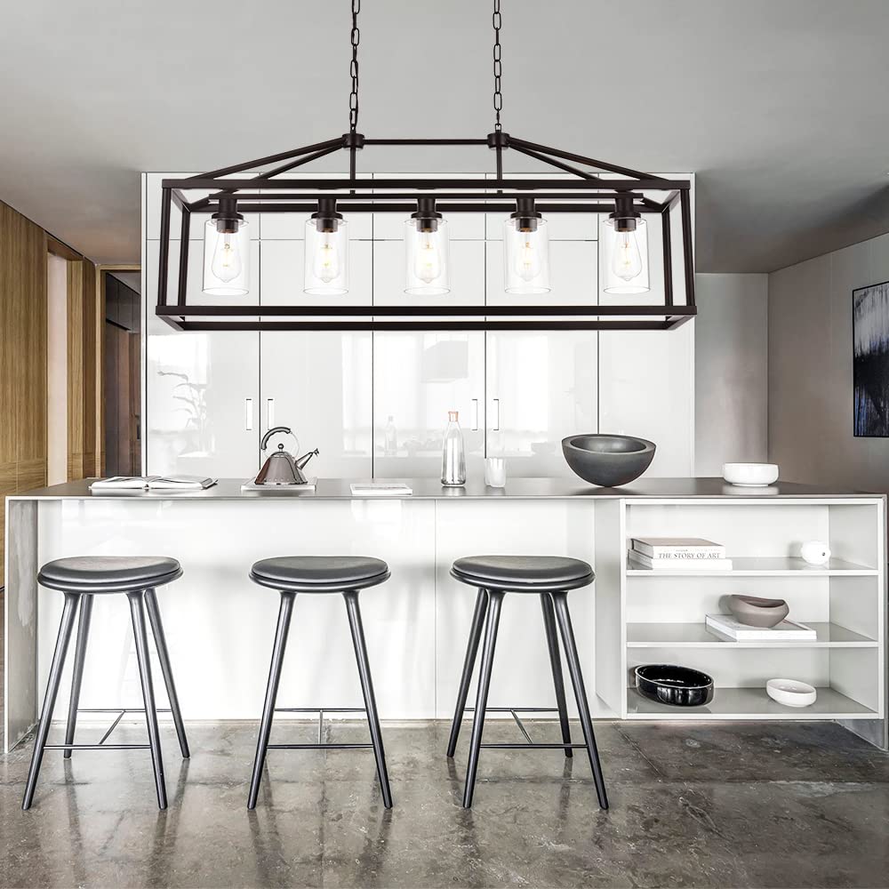 BONLICHT 5-Light Industrial Rustic Farmhouse Chandelier - Modern Rectangle Dining Room Pendant Light Fixture in Oil Rubbed Bronze with Clear Glass Shade - Perfect for Kitchen Island, Hallway, Bar & Farmhouse Decor
