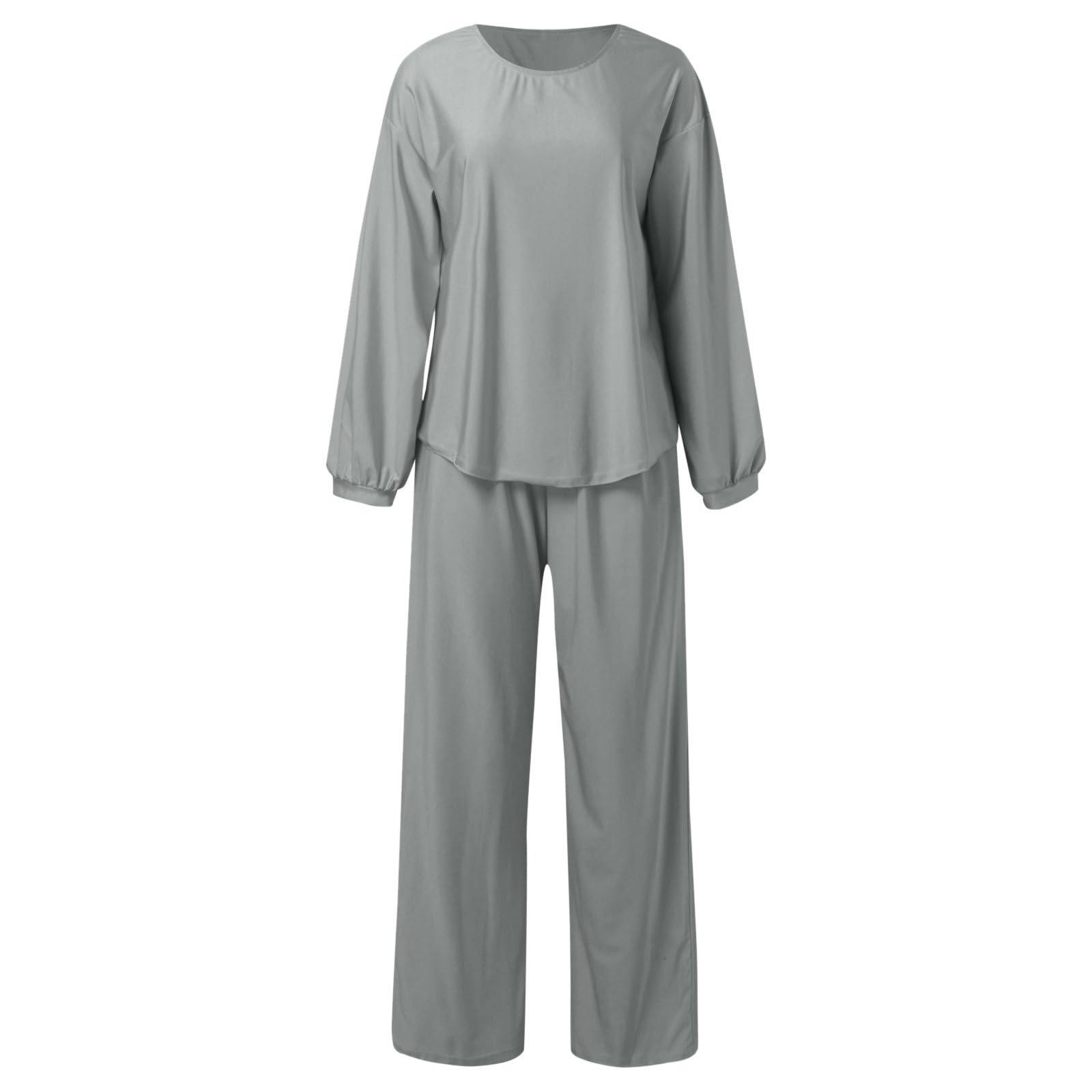 Women's Summer 2-Piece Outfit Set - Solid Color Crew Neck Long Sleeve Top & Flowy Wide Leg Lounge Pants | Comfortable Tracksuit for Casual Wear, Yoga, Home Relaxation & Vacation Outfits