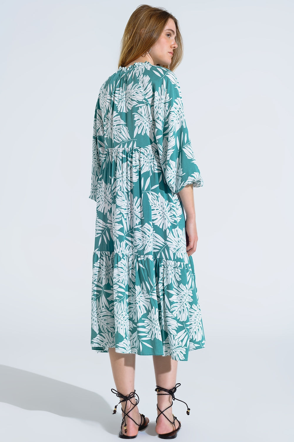 Boho Long Sleeve Balloon Robe with Leaf Print in Green - Perfect for Yoga, Beach Cover-Up, and Relaxing at Home