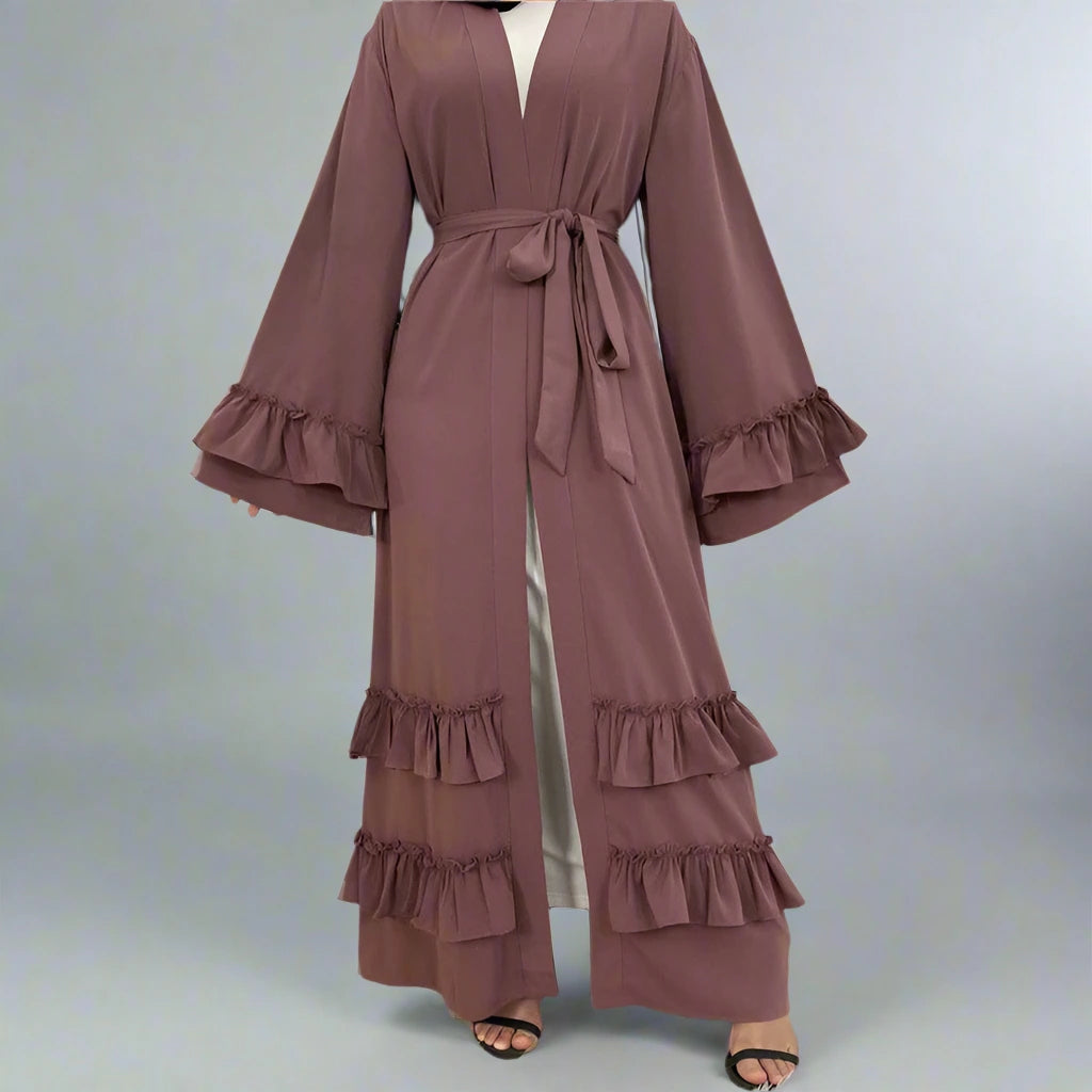 Elegant Muslim Women's Ruffle Sleeve Cardigan Open Robe Abaya Dress - Modest Islamic Clothing for Prayer, Home & Special Occasions