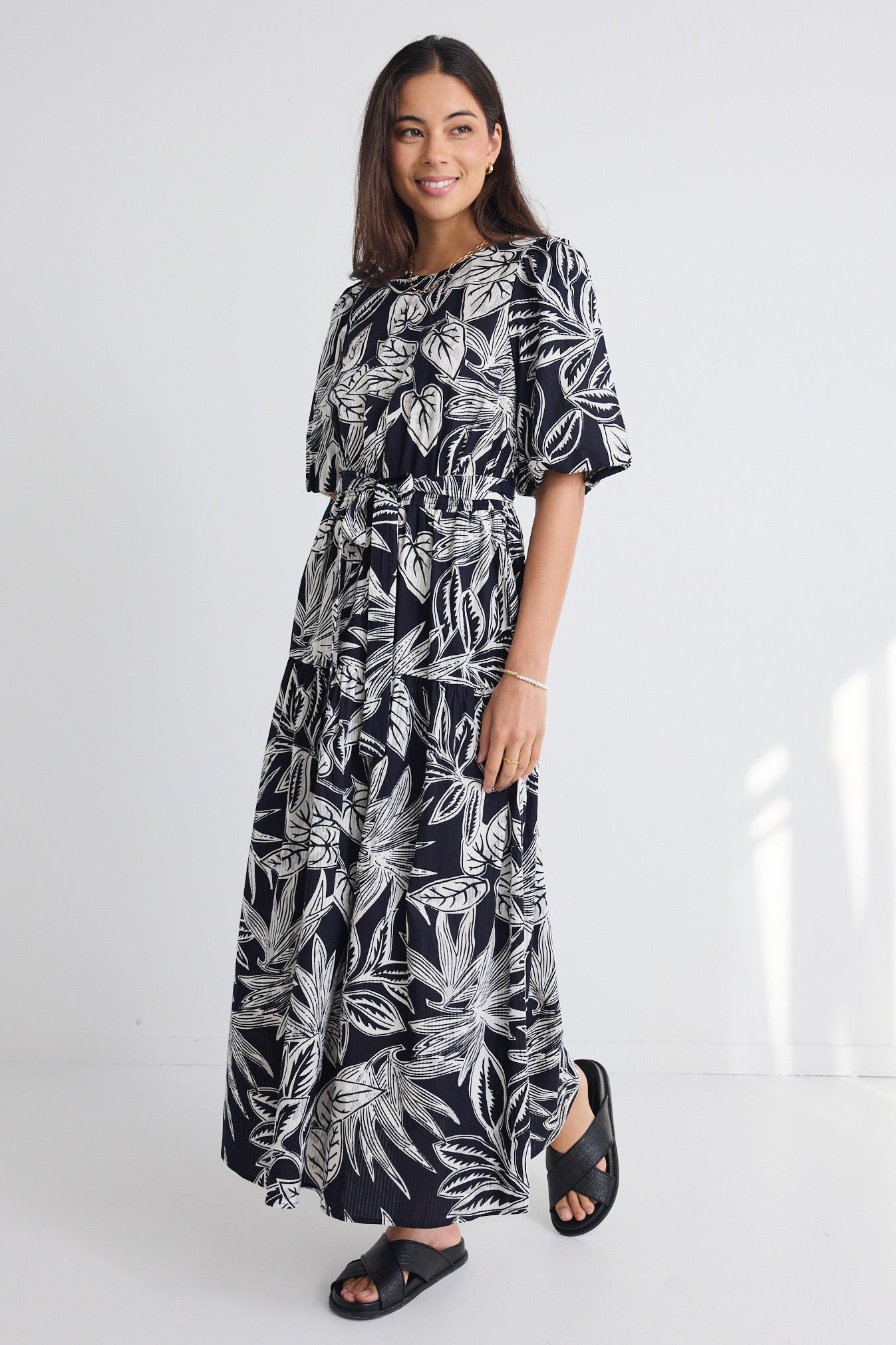 Floreana Black Leaf Sleeveless Maxi Dress with Elastic Waist - Summer Beach Cover Up, Vacation Dress, Boho Chic Outfit for Women