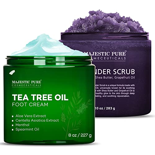 Majestic Pure Tea Tree Foot Cream (8 oz) & Lavender Scrub (10 oz) Bundle - Moisturizing & Exfoliating Foot Care Set for Cracked Heels, Dry Skin Relief - Perfect for Pedicures, Spa Days & At-Home Foot Treatments