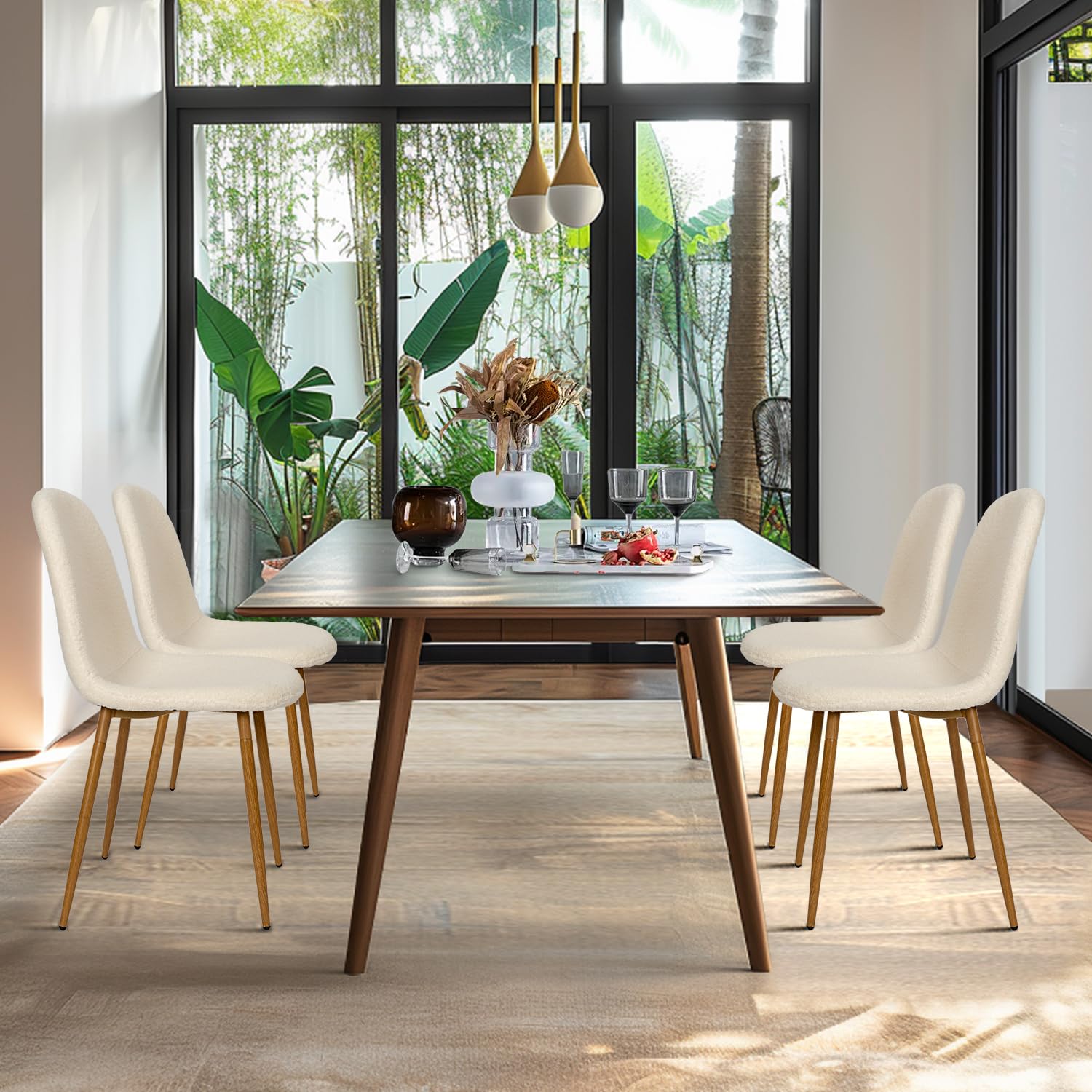 Modern CangLong 4-Piece Upholstered Dining Chair Set - Armless Fleece Kitchen Chairs with Faux Wood Metal Legs for Home, Restaurant & Office | Cream White Living Room & Dining Room Furniture