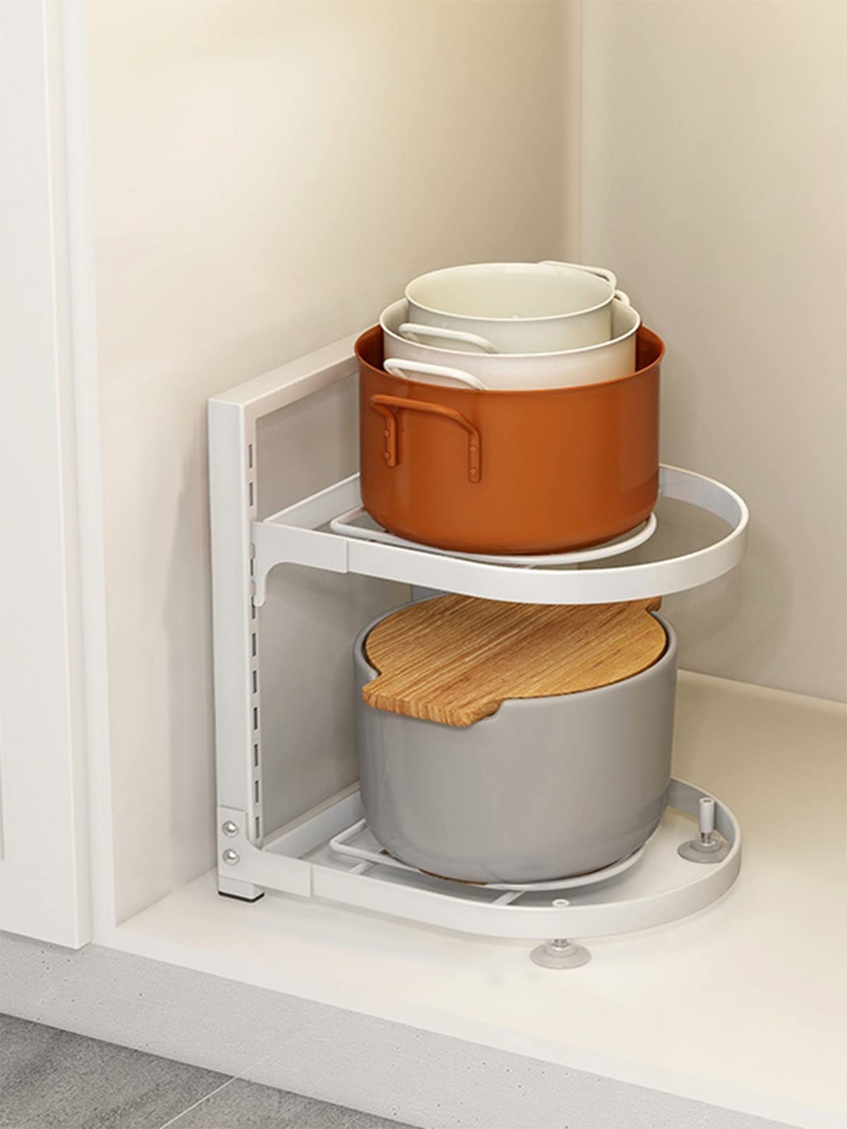 SuoYiKA 2-Tier Heavy-Duty Pot and Pan Organizer Rack - Adjustable Height, Space Saving Kitchen Cabinet Storage for Pots & Pans (White) - Perfect for Small Kitchens and Clutter-Free Cooking