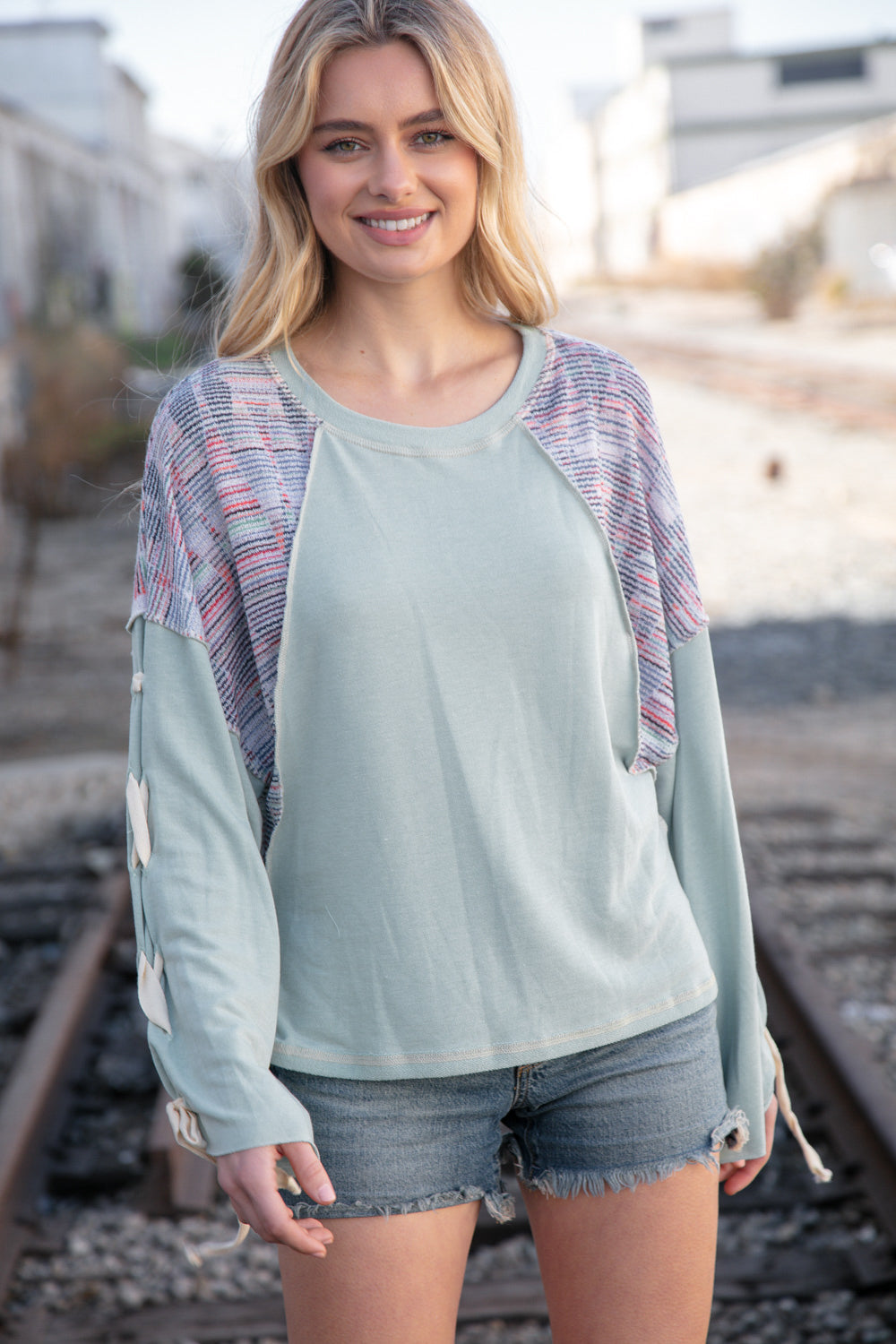 Stylish Mint Lace-Up Long Sleeve French Terry Oversized Pullover Sweatshirt | Women's Casual Loungewear for Fall & Winter | Perfect for Coffee Dates, Weekend Errands and Cozy Nights