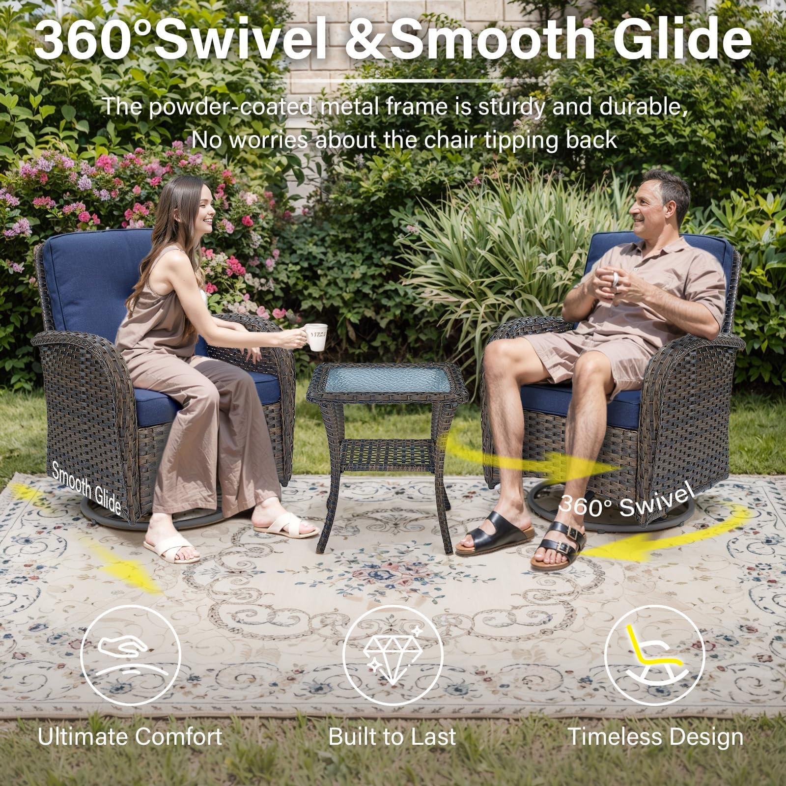 PE Wicker Patio Swivel Glider Chair with Cushions - Outdoor Rocking Chair for Porch, Deck & Balcony - Brown Wicker with Blue Cushion - Perfect for Relaxing, Sunbathing & Entertaining Guests