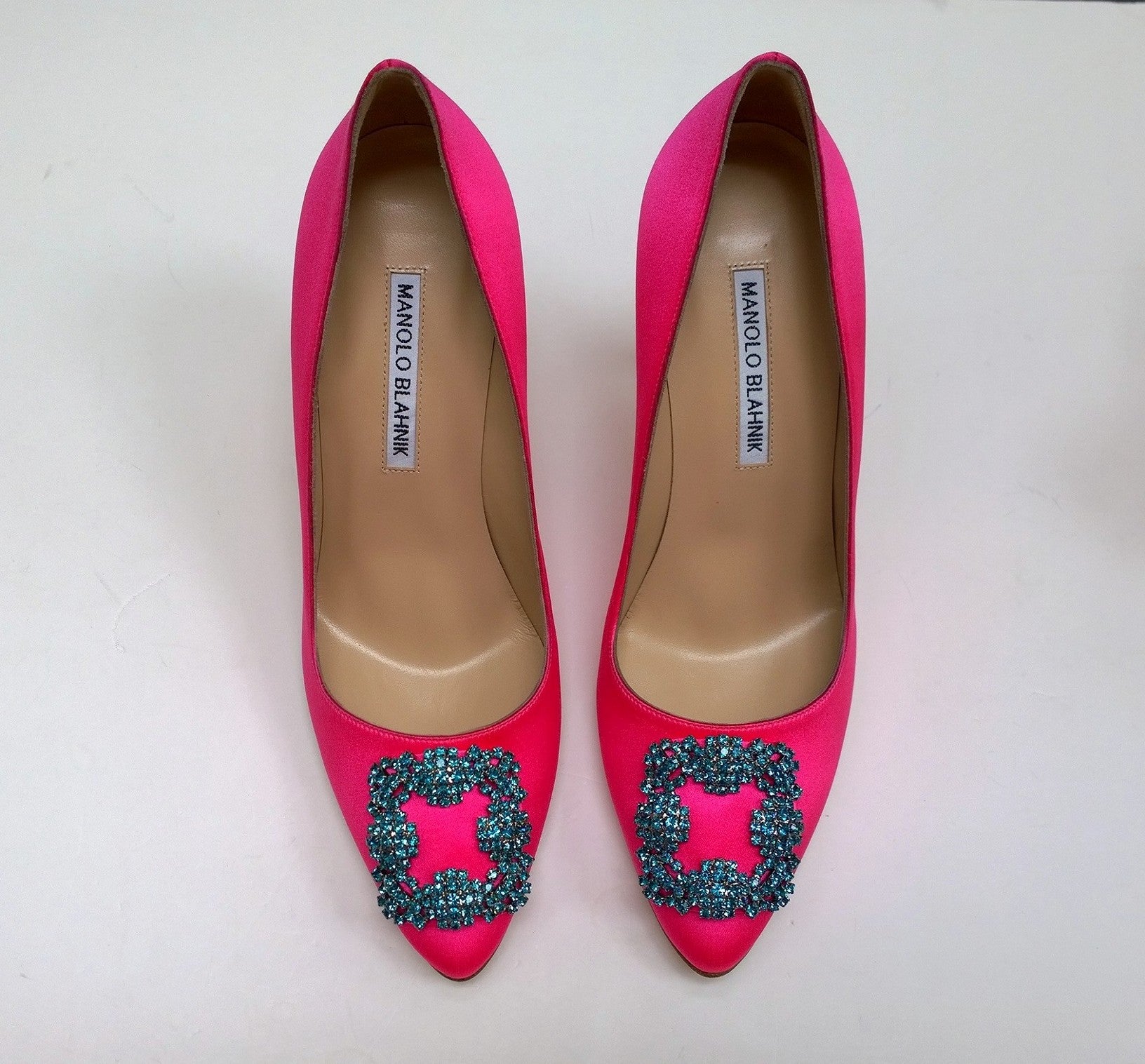 Manolo Blahnik Hangisi 105mm Bright Pink Heels with Turquoise Rhinestone Buckle - Luxury Designer Pumps for Weddings, Parties & Special Occasions