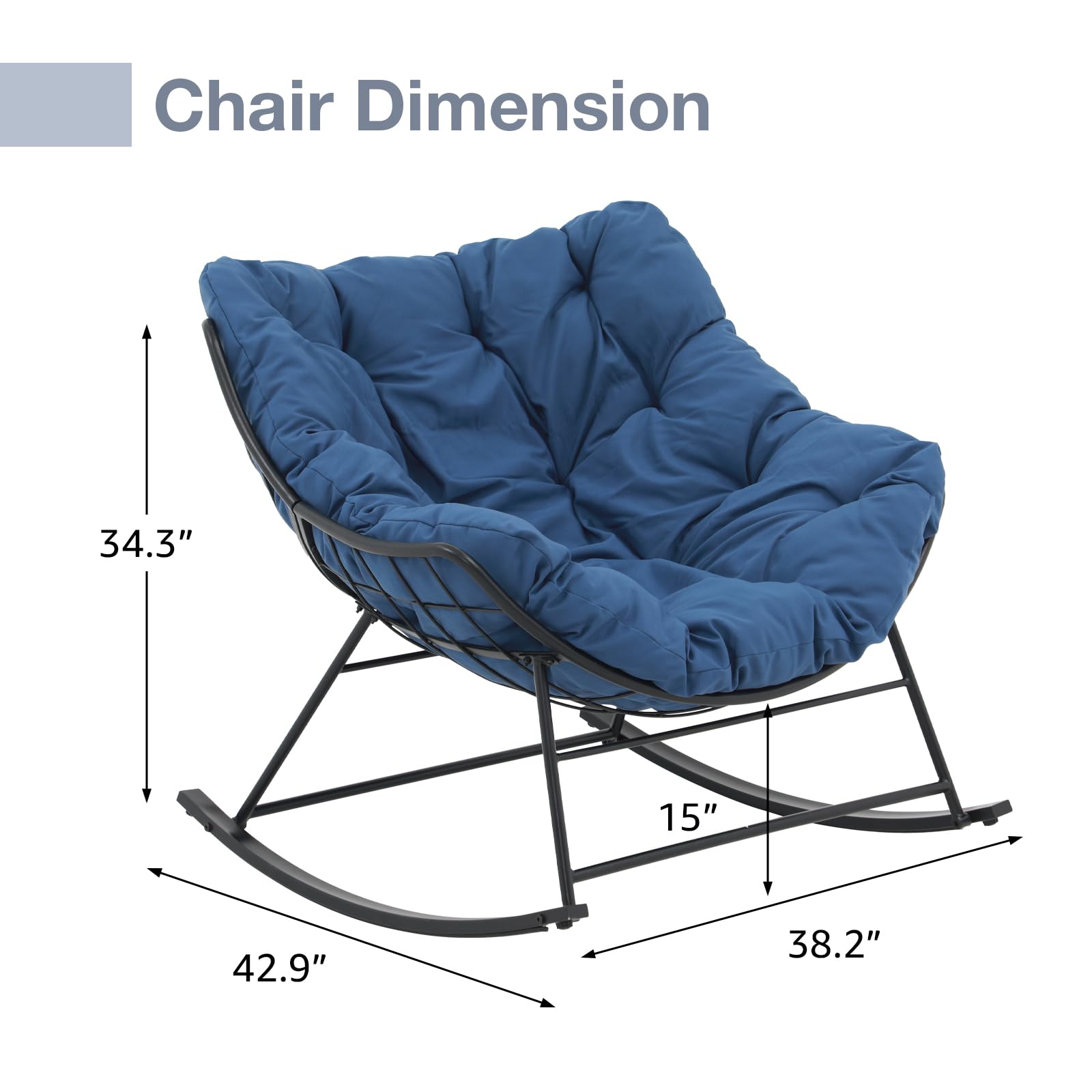 OC Orange-Casual Outdoor Rocking Chair with Oversized Cushion - Comfortable Patio Reading Chair, Indoor Rocker Recliner for Balcony, Porch, Garden & Living Room - Navy Blue - Perfect for Relaxing, Reading & Lounging