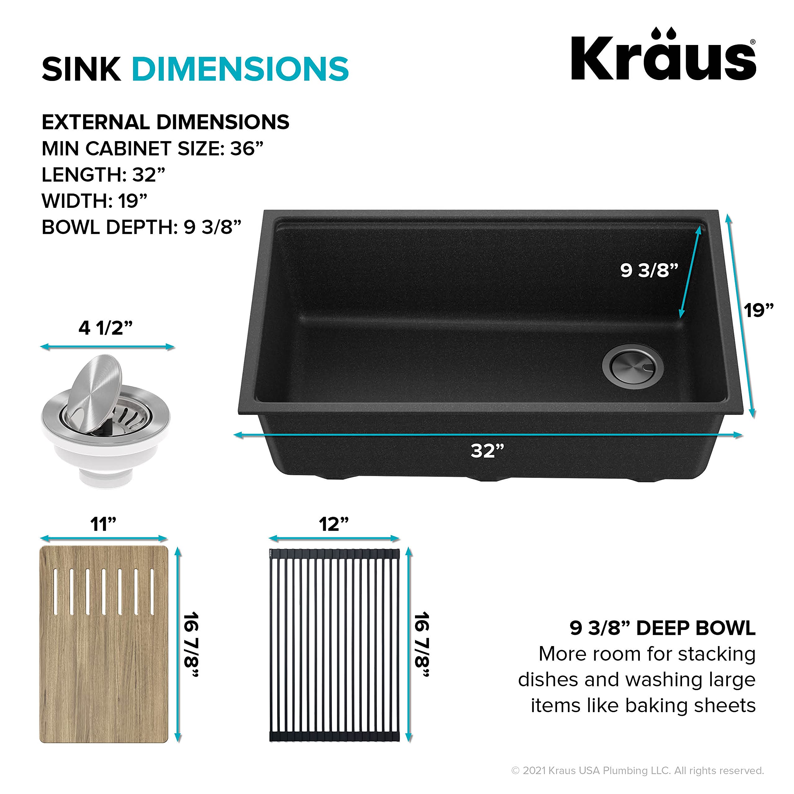 Kraus KGUW2-33MB-100-100 Bellucci 32-inch Undermount Granite Composite Single Bowl Kitchen Sink in Metallic Black with WasteGuard 1 HP Garbage Disposal - Durable Workstation Sink for Modern Kitchens, Perfect for Food Prep and Dishwashing
