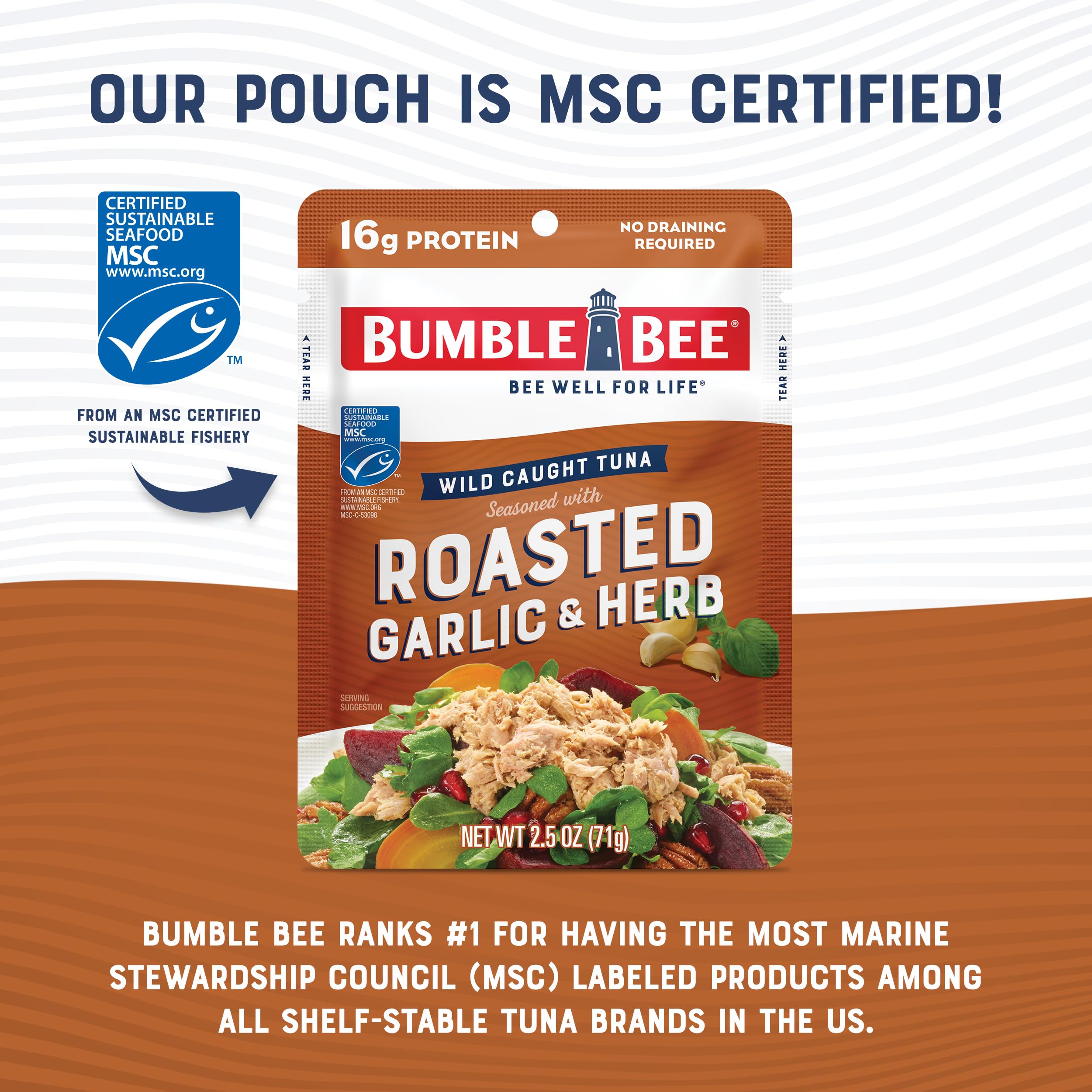 Bumble Bee Roasted Garlic & Herb Seasoned Tuna, 2.5 oz Pouches (Pack of 12) - Wild Caught, Ready to Eat Tuna Snack - High Protein (16g per Serving), Gluten Free, Keto & Paleo Friendly - Perfect for Lunch Boxes, Camping & On-the-Go Meals