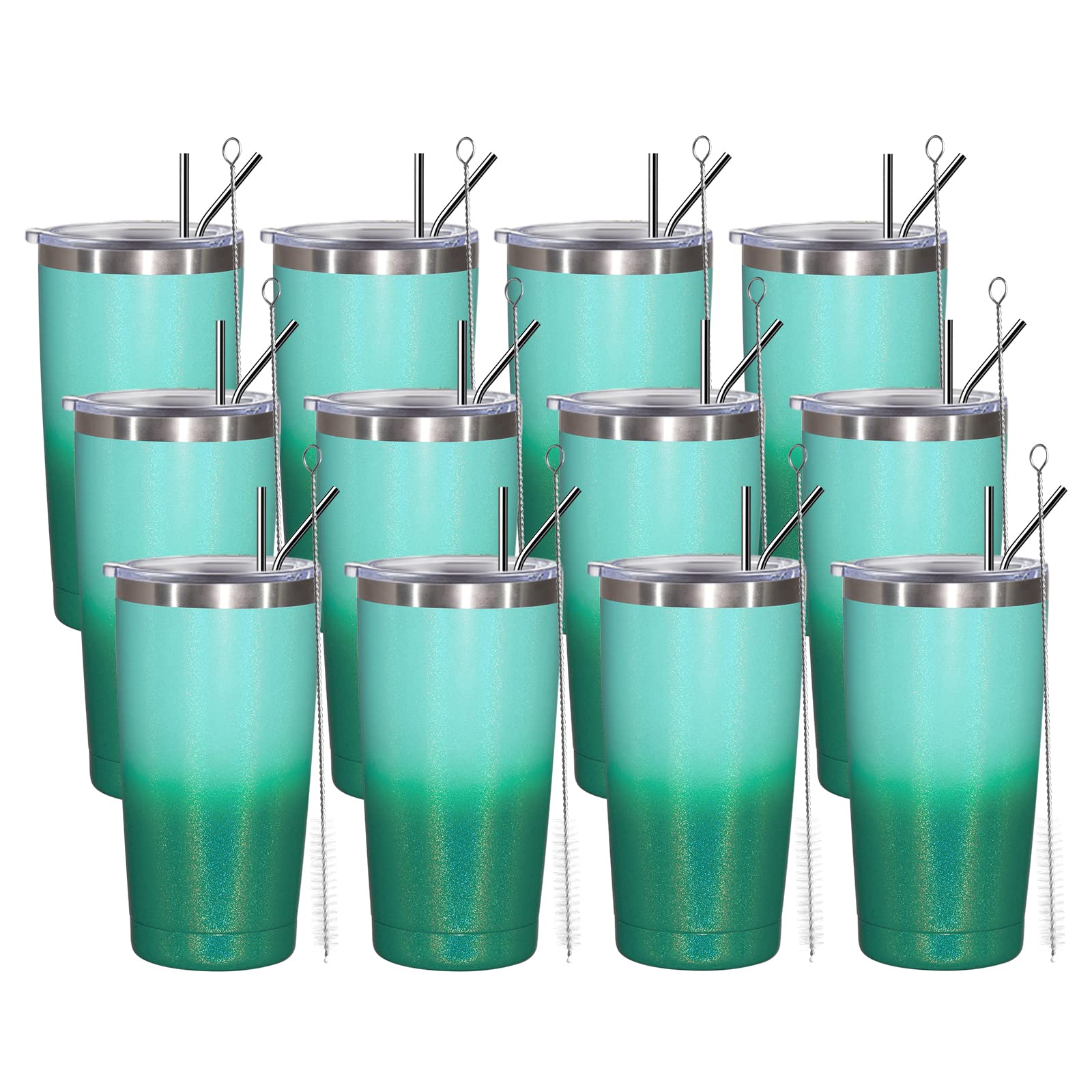 MUCHENGHY 20oz Stainless Steel Tumbler with Lid & Straw - 12 Pack Bulk Vacuum Insulated Travel Mug, Powder Coated Thermal Cup for Hot & Cold Drinks (Rainbow Green) - Perfect for Coffee, Tea, Smoothies, Camping, Office & Gym Use