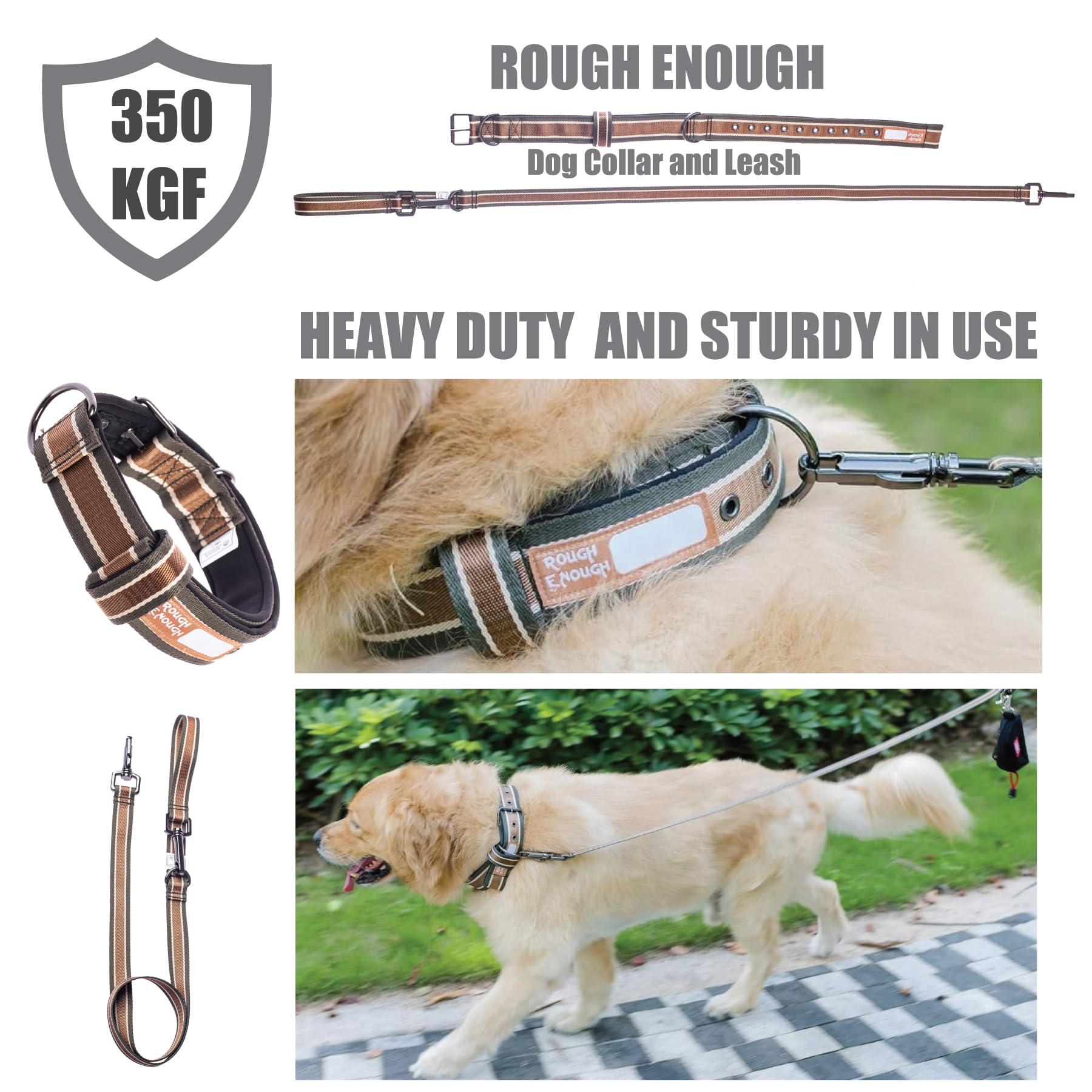 Rough Enough Heavy Duty Dog Collar and Leash Set - Nylon Webbing with Metal Buckle, Adjustable L Size Brown - Perfect for Training, Walking & Outdoor Adventures