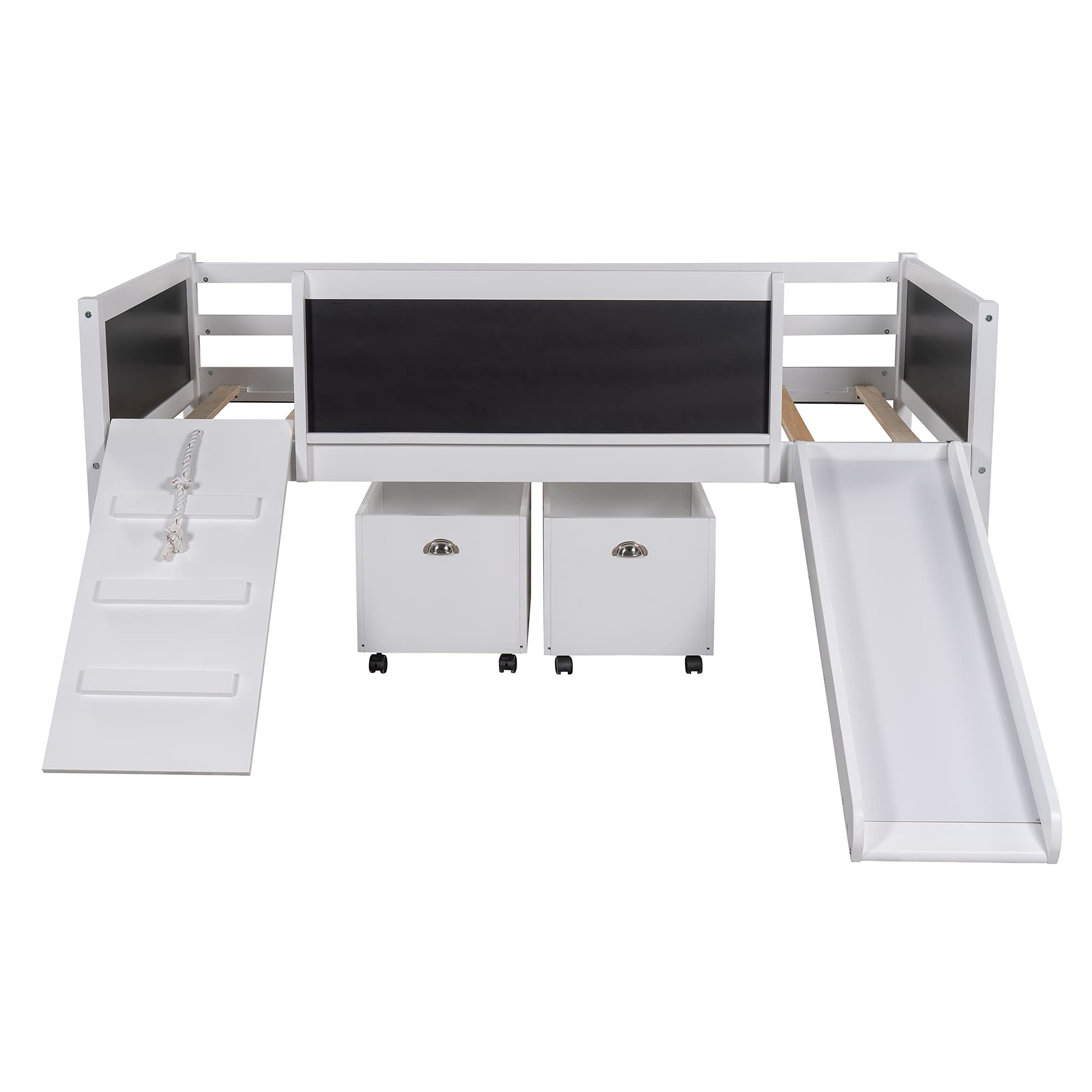Rhomtree Solid Wood Twin-Size Low Loft Bed Frame with 2 Storage Drawers, Slide & Climbing Ladder - Space-Saving Kids Furniture for Small Bedrooms (White)