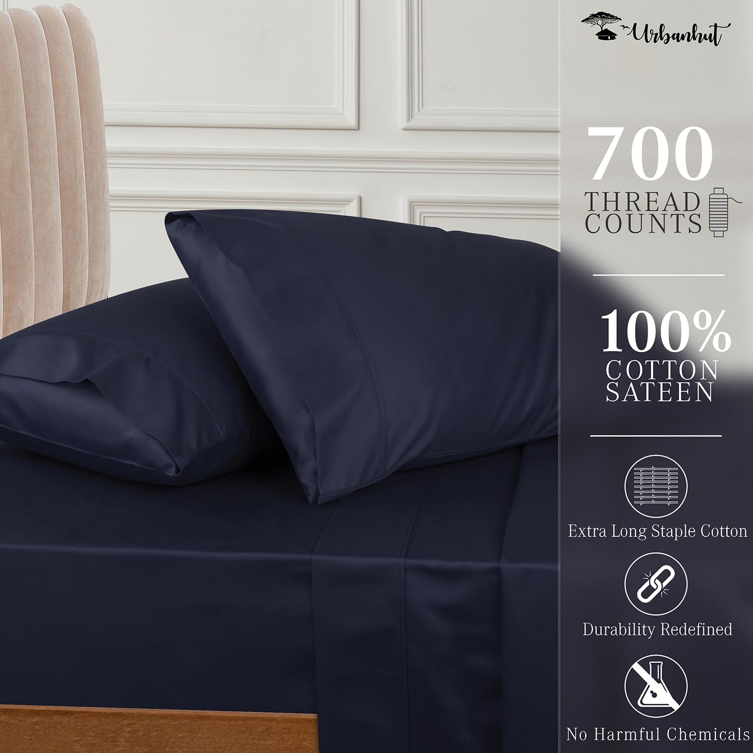 Premium 700 Thread Count Egyptian Cotton King Size Sheet Set - 4Pc Luxury Sateen Weave Bedding with 16