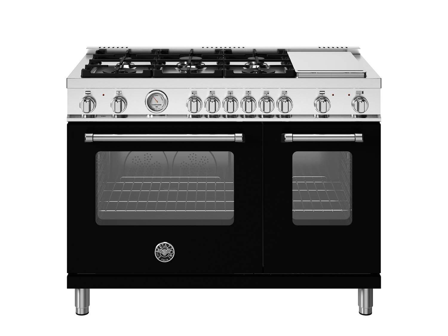 Bertazzoni MAS486GDFMNEV 48 Inch Professional Dual Fuel Range with 6 Sealed Burners & Griddle, Matte Black Finish - Perfect for Home Chefs & Commercial Kitchens