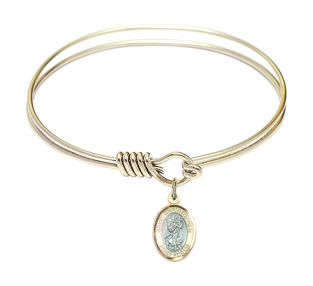 6 1/4 Inch Round Eye Hook Bangle Bracelet with St. Christopher Charm - Elegant Jewelry for Women, Travel Protection Gift, Fashion Accessory for Everyday Wear