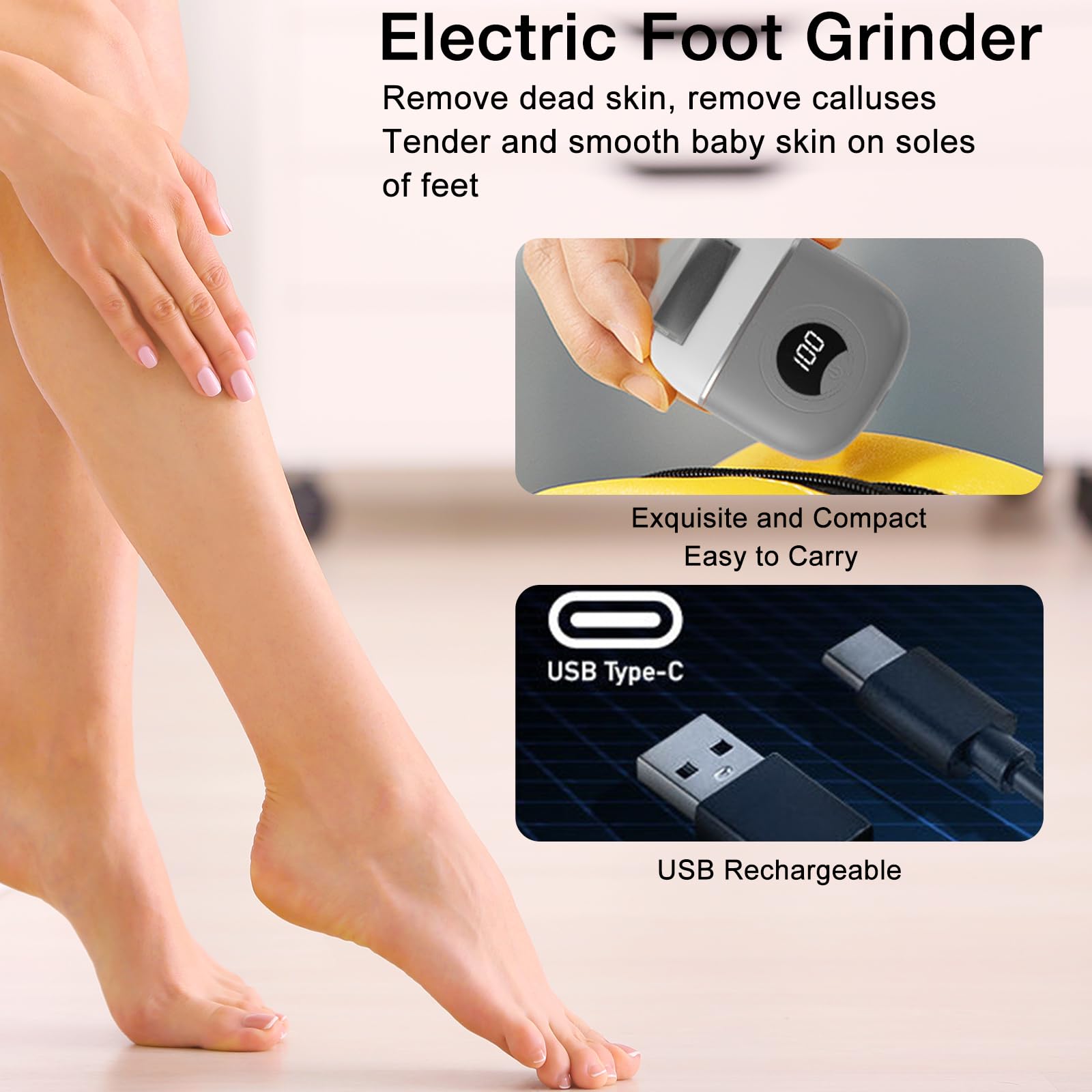 USB Rechargeable Electric Callus Remover for Feet - Professional Foot File & Heel Grinding Machine with Digital Display - Dry Dead Skin & Callus Treatment for Men & Women - Perfect for Home Pedicure & Foot Care (Grey)