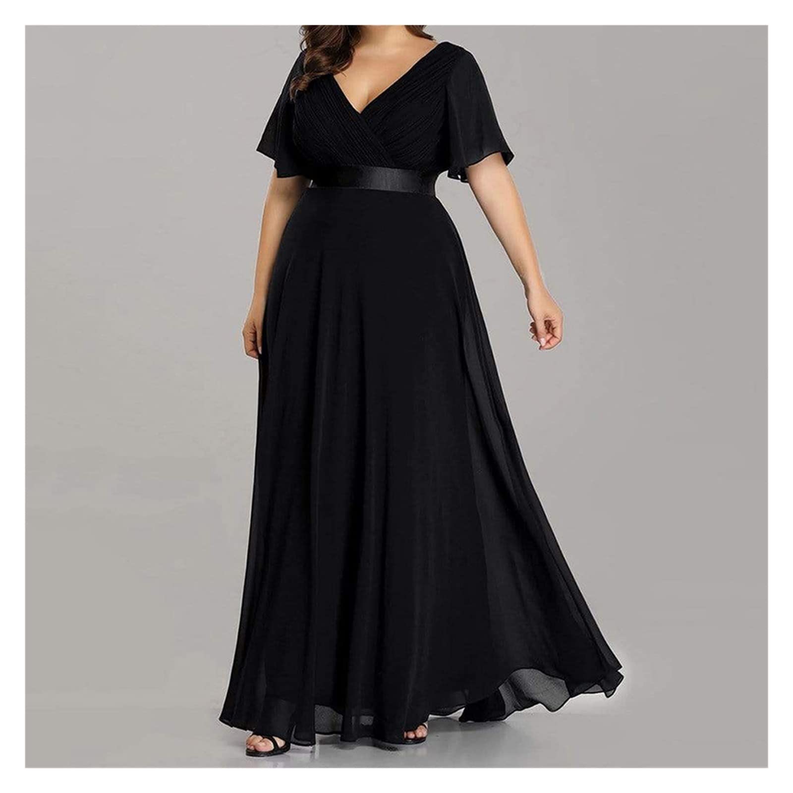 Plus Size Women's Long A-Line V-Neck Ruffled Chiffon Formal Dress for Wedding, Party & Evening Events - Elegant Black Large Size | Perfect for Bridesmaids, Prom & Special Occasions